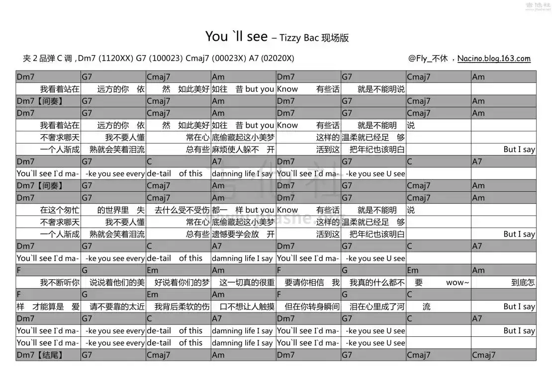 You'll_see吉他谱_C调和弦谱_吉他社编配_Tizzy_Bac