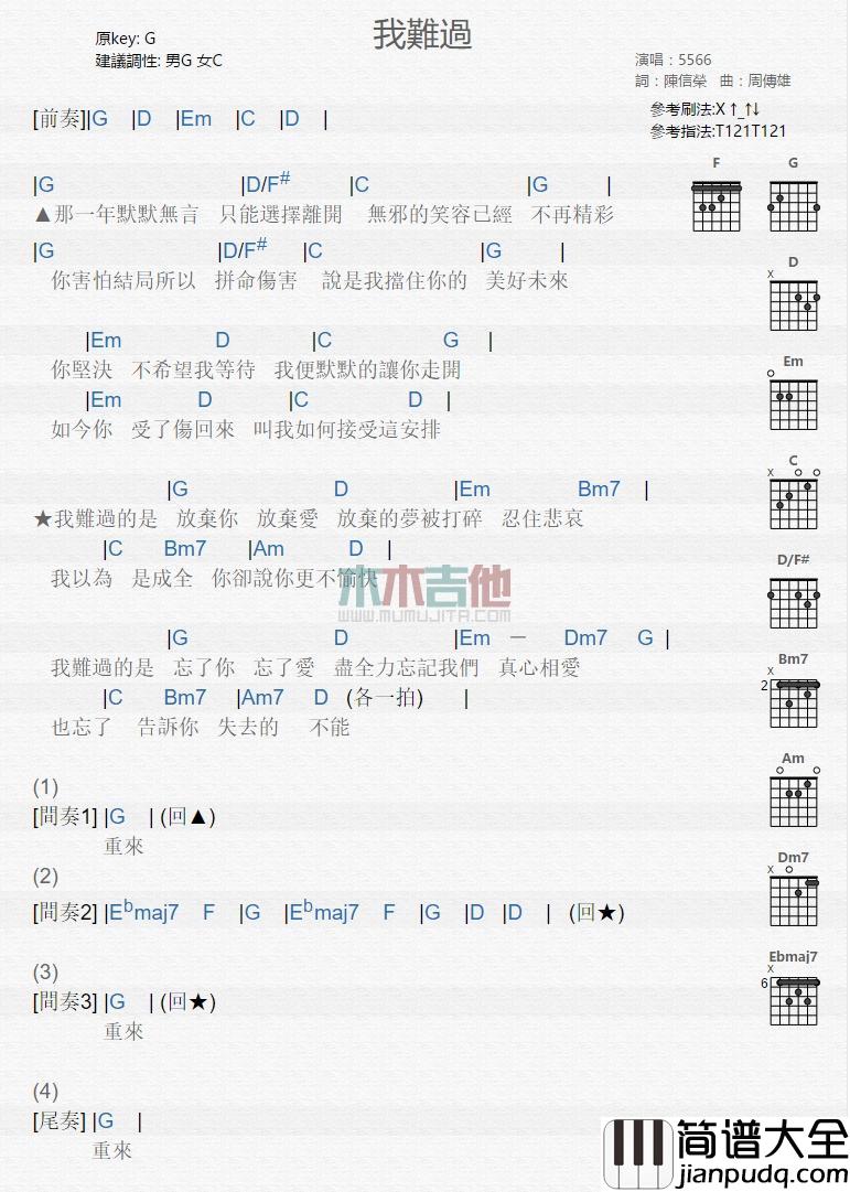 我难过_吉他谱_5566