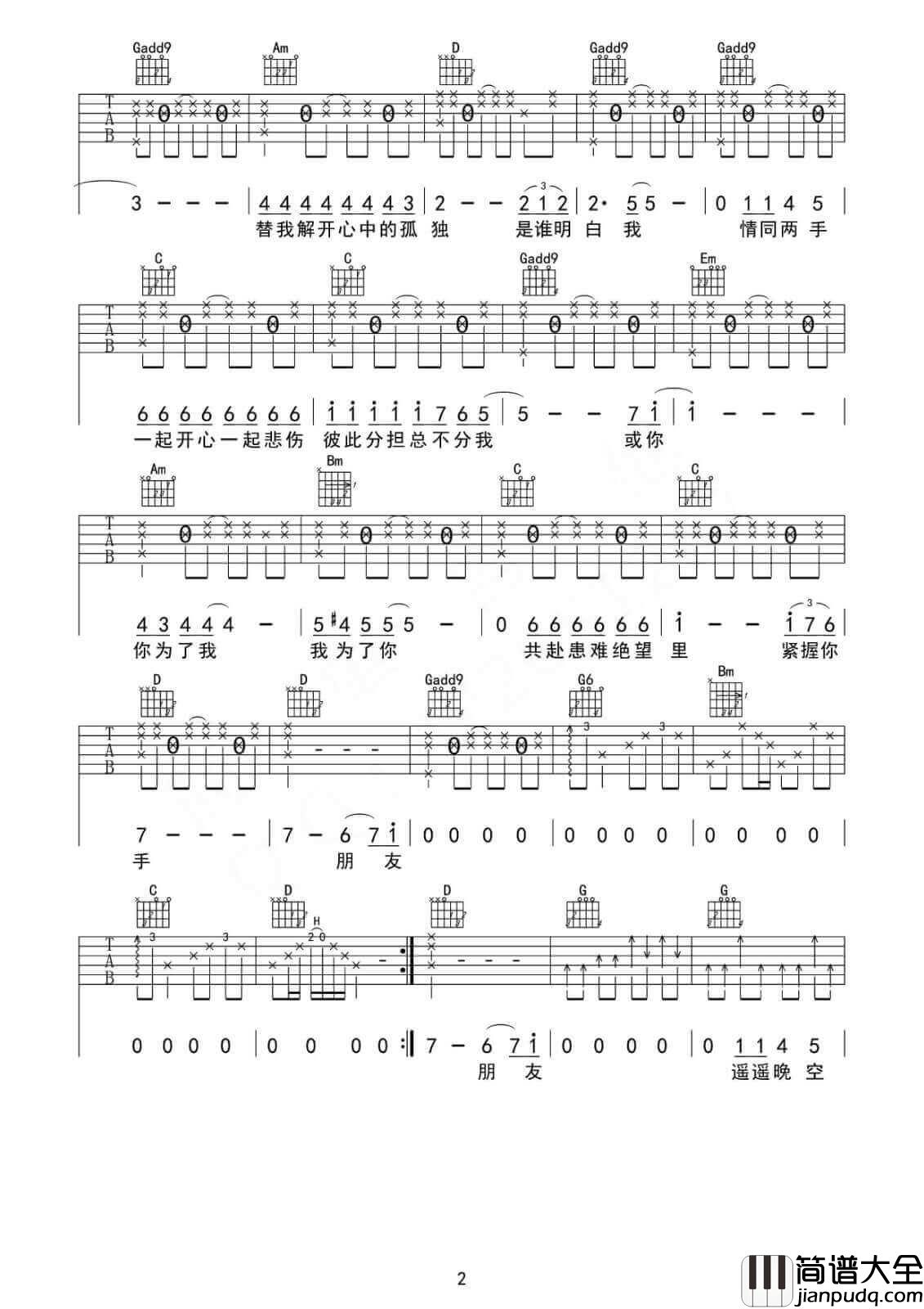 朋友吉他谱_D调六线谱_谭咏麟