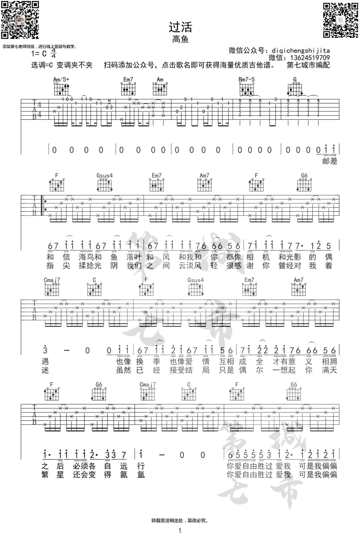 过活吉他谱_高鱼_C调弹唱谱_图片谱