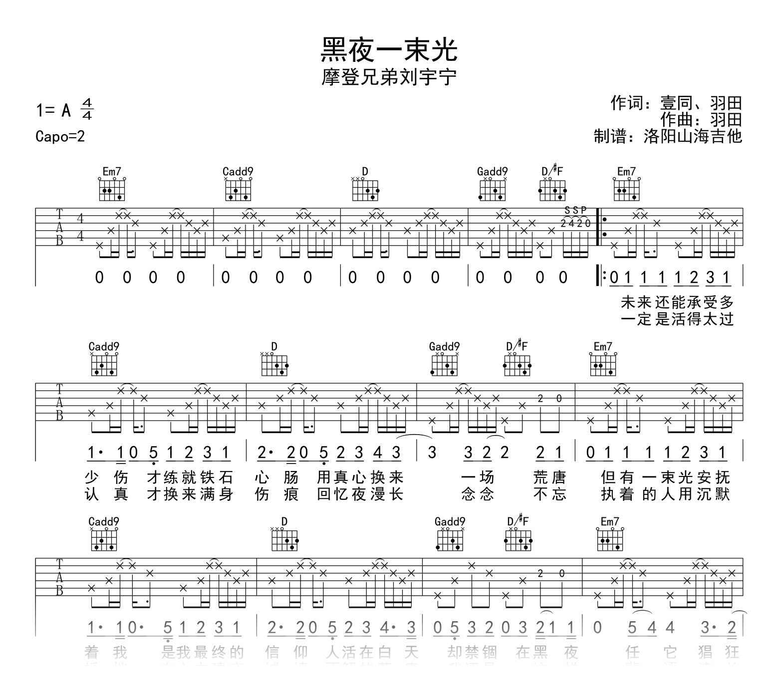 黑夜一束光吉他谱_摩登兄弟刘宇宁_弹唱六线谱
