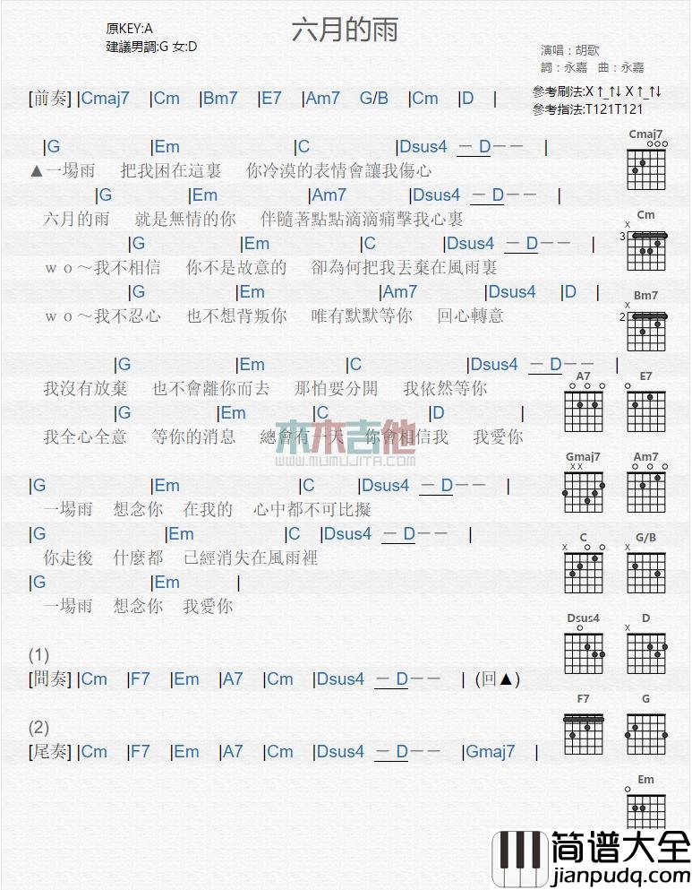 六月的雨_吉他谱_胡歌