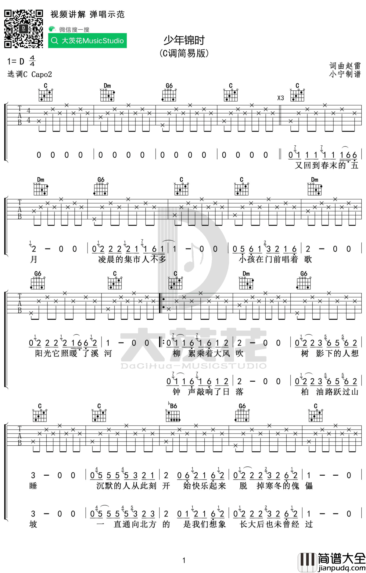 少年锦时吉他谱_C调简易版