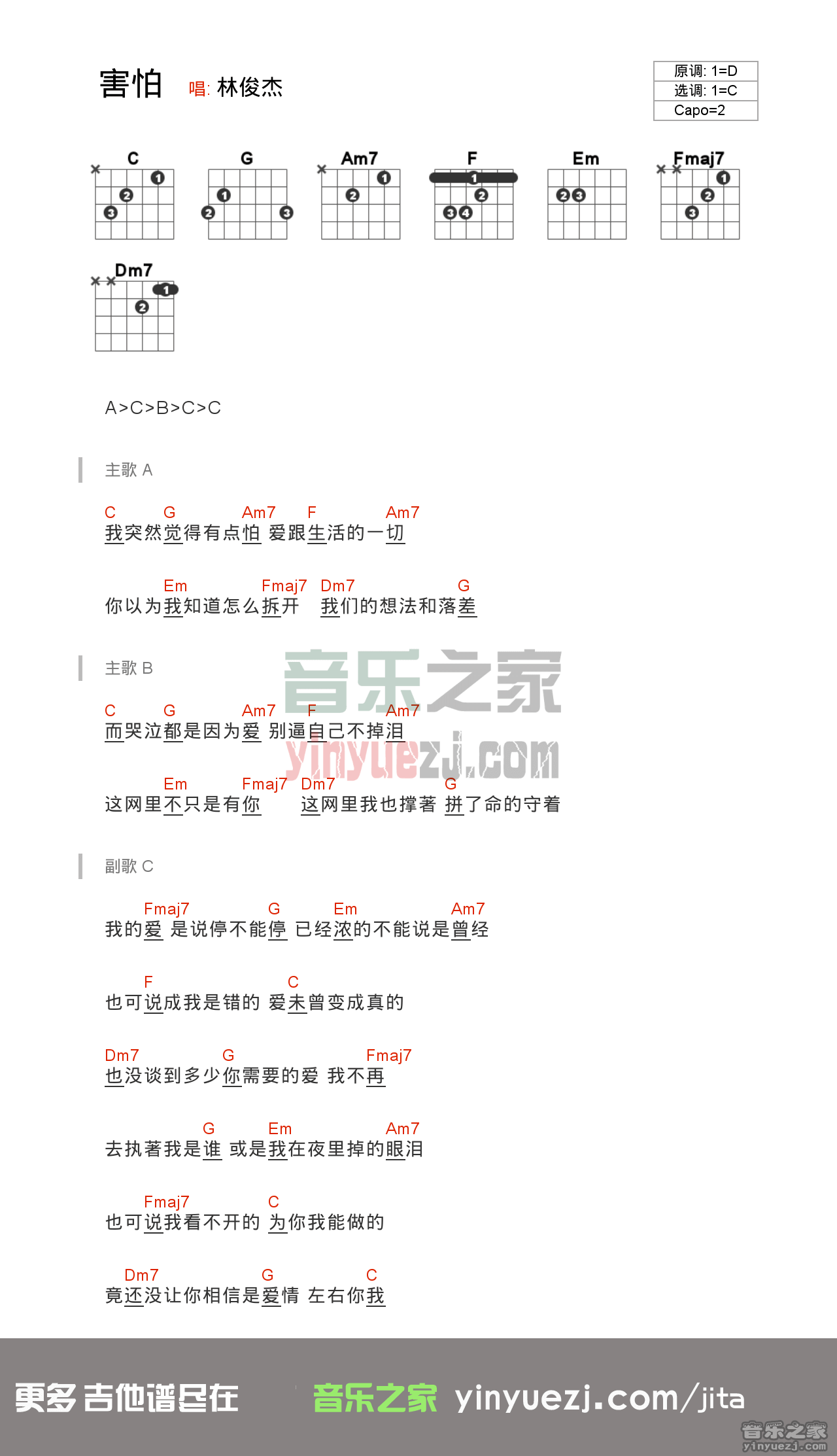 害怕吉他谱_C调和弦谱_林俊杰