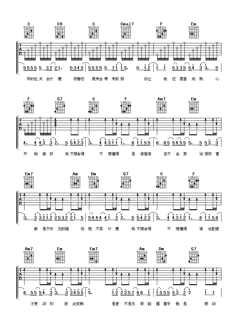 不想懂得吉他谱_C调_阿潘音乐工场编配_张韶涵