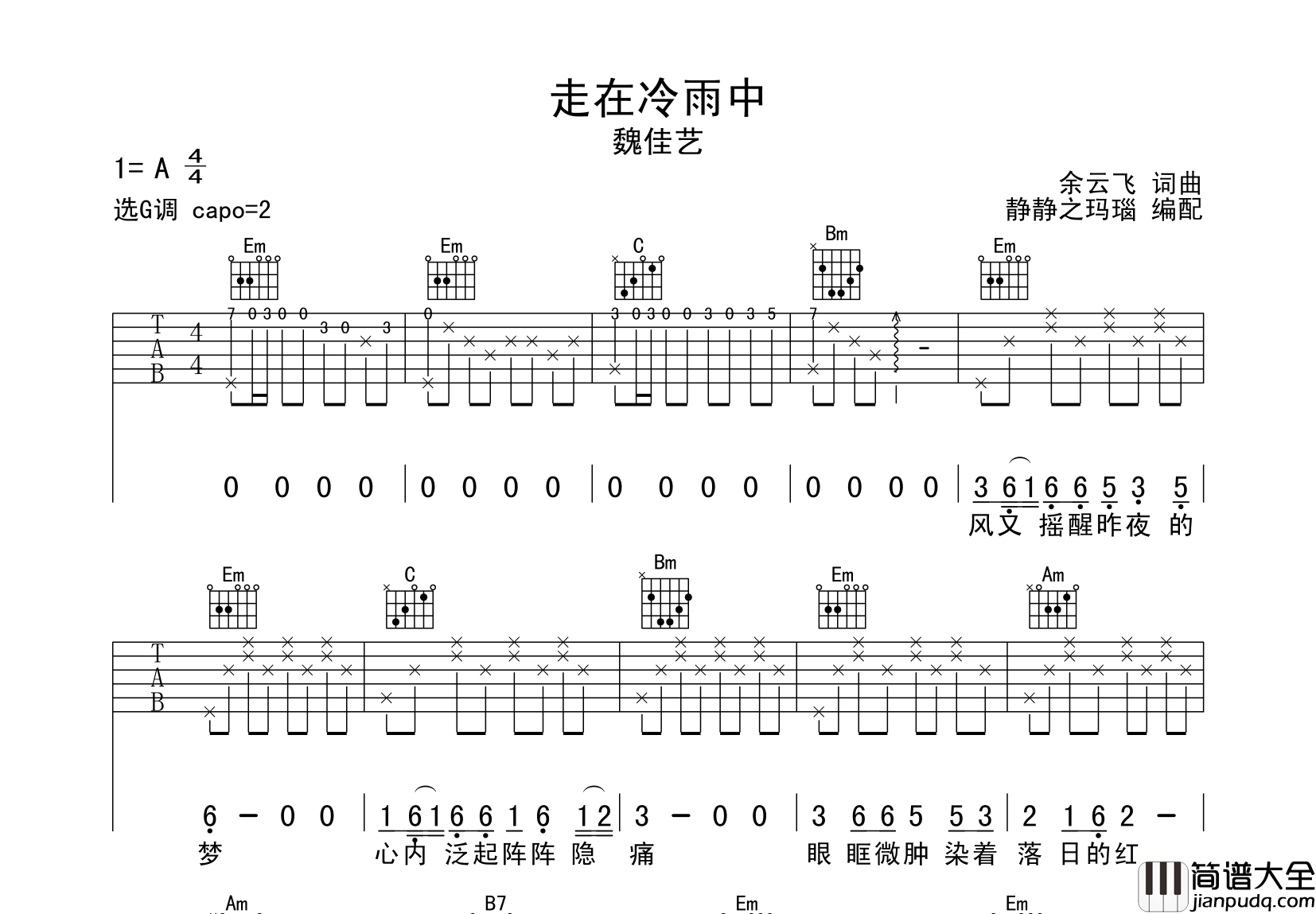 走在冷雨中吉他谱_魏佳艺_G调原版六线谱_吉他弹唱谱