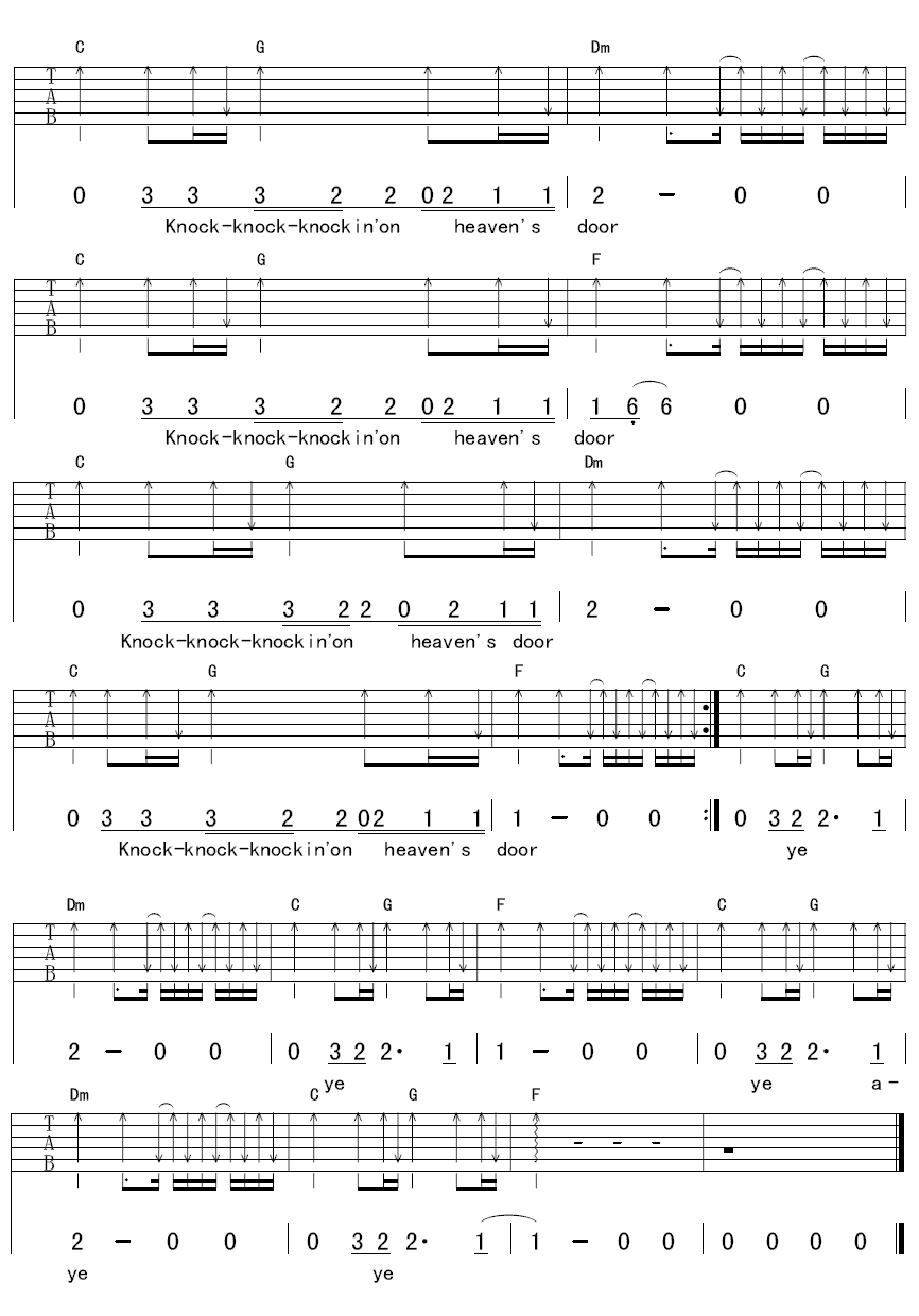 Knocking_on_Heavens_Door吉他谱_C调扫弦版_延麟编配_艾薇儿