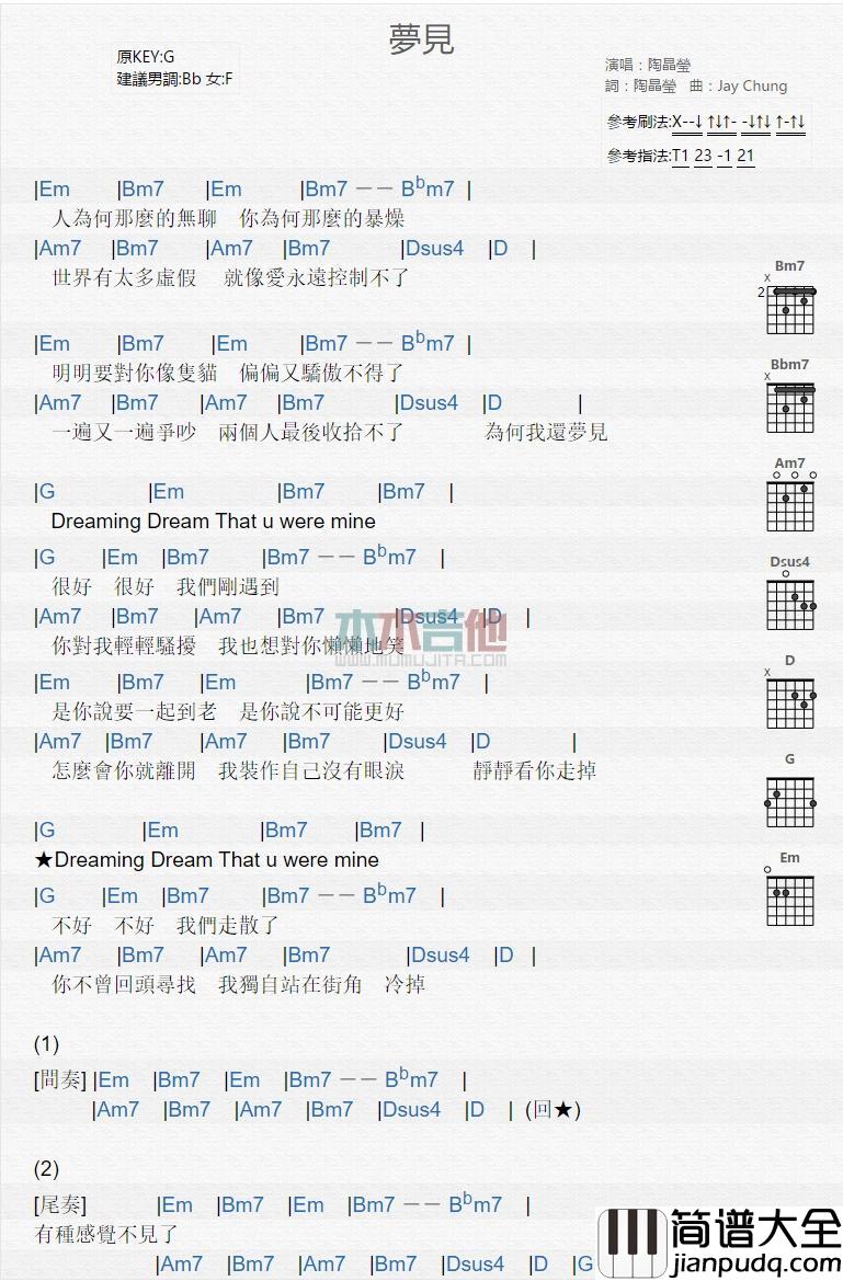 梦见_吉他谱_陶晶莹
