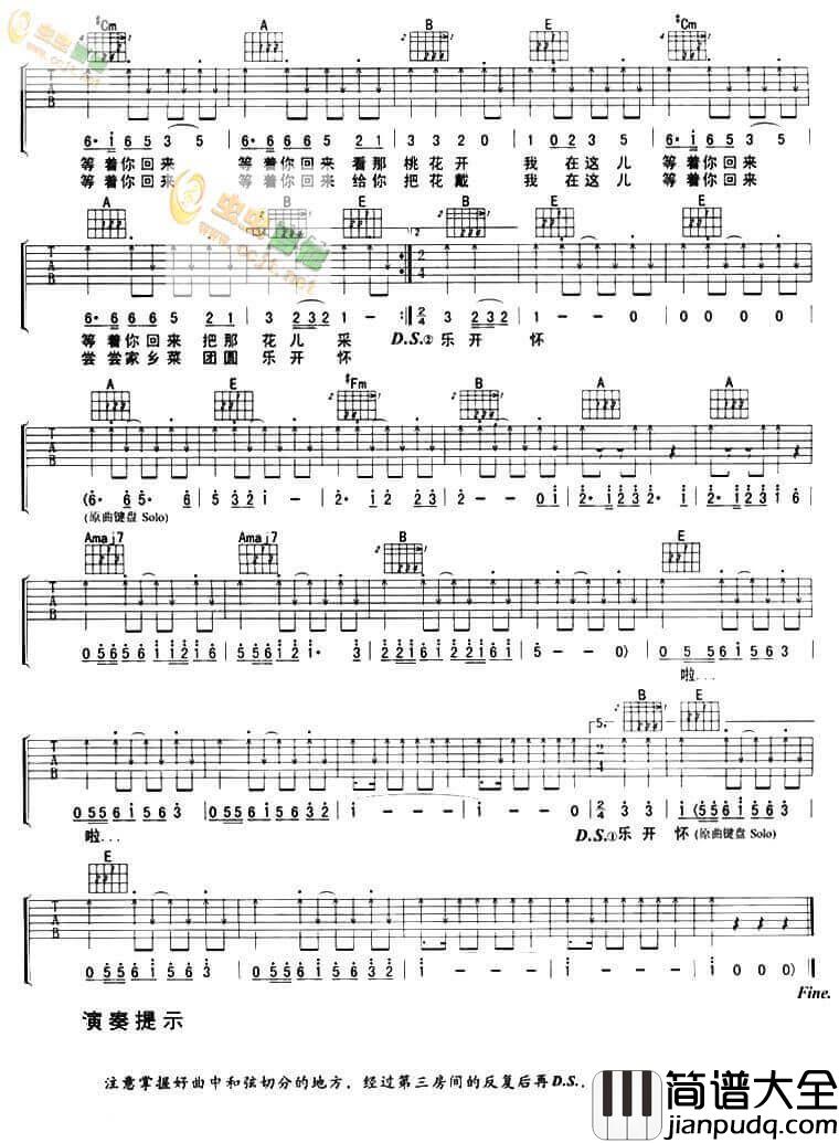 桃花朵朵开吉他谱_E调六线谱_阿牛