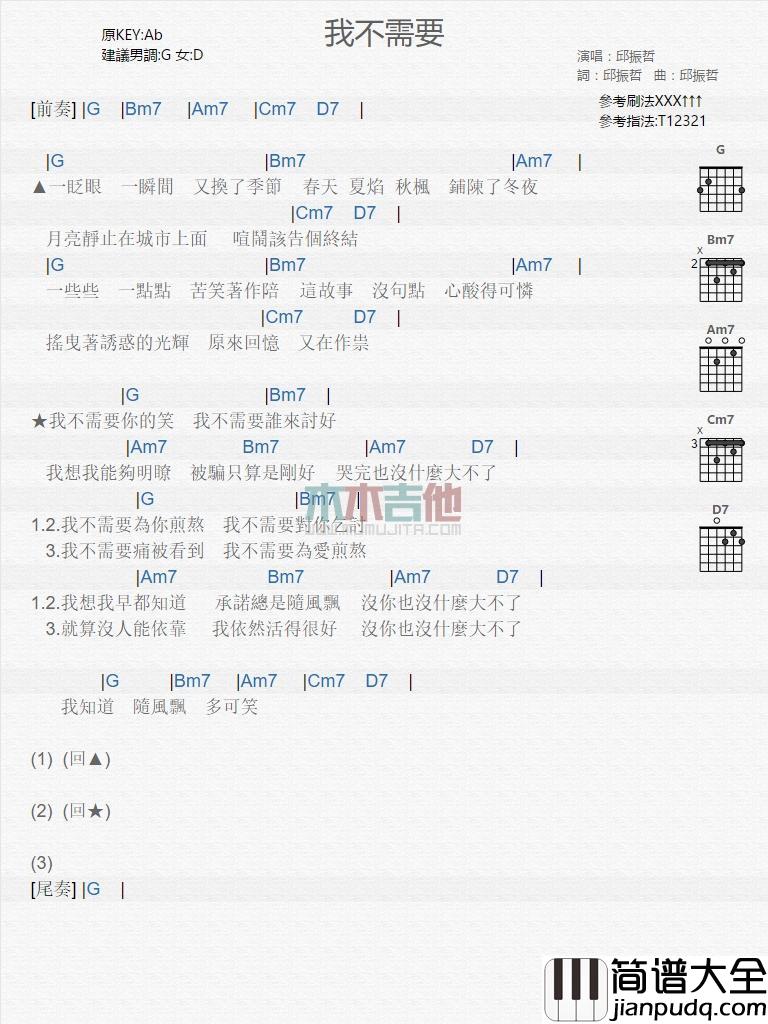 我不需要_吉他谱_邱振哲