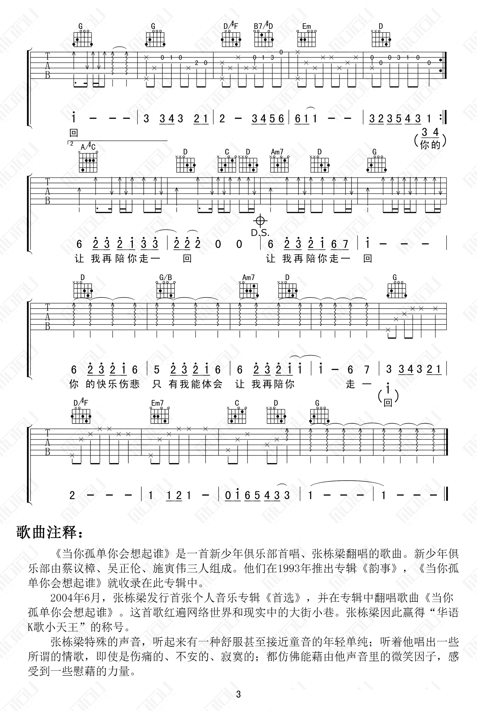 张栋梁_当你孤单你会想起谁_吉他谱_G调原版