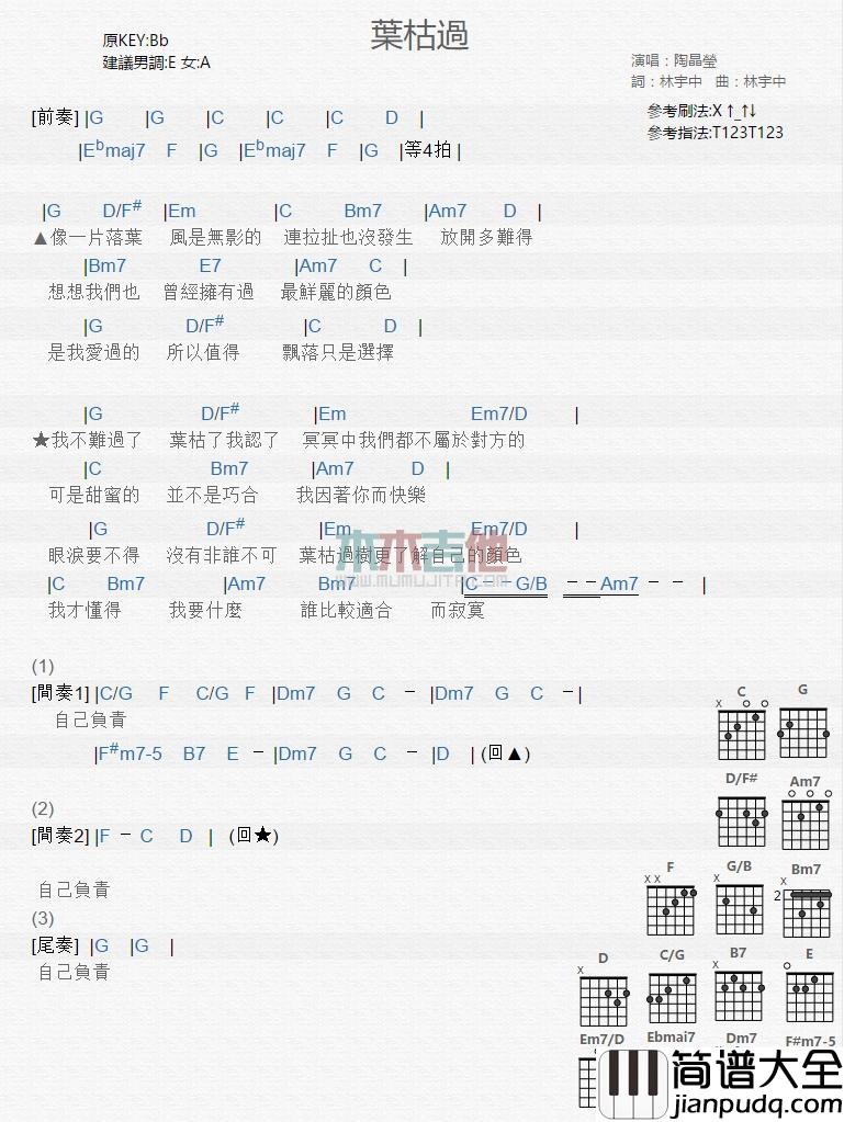 叶枯过_吉他谱_陶晶莹