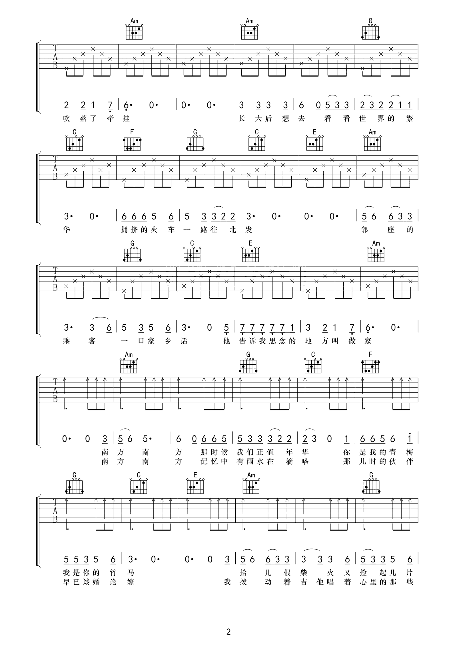 南方南方吉他谱_张小九_C调高清图片谱_弹唱谱