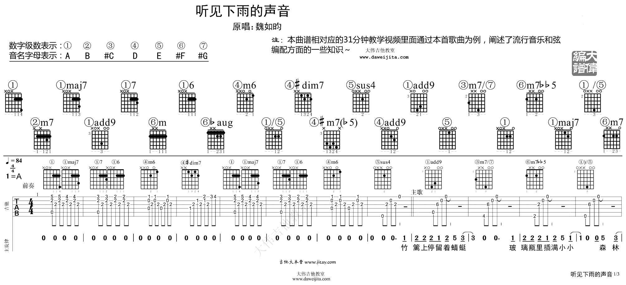 听见下雨的声音吉他谱_弹唱教学视频_周杰伦/关诗敏