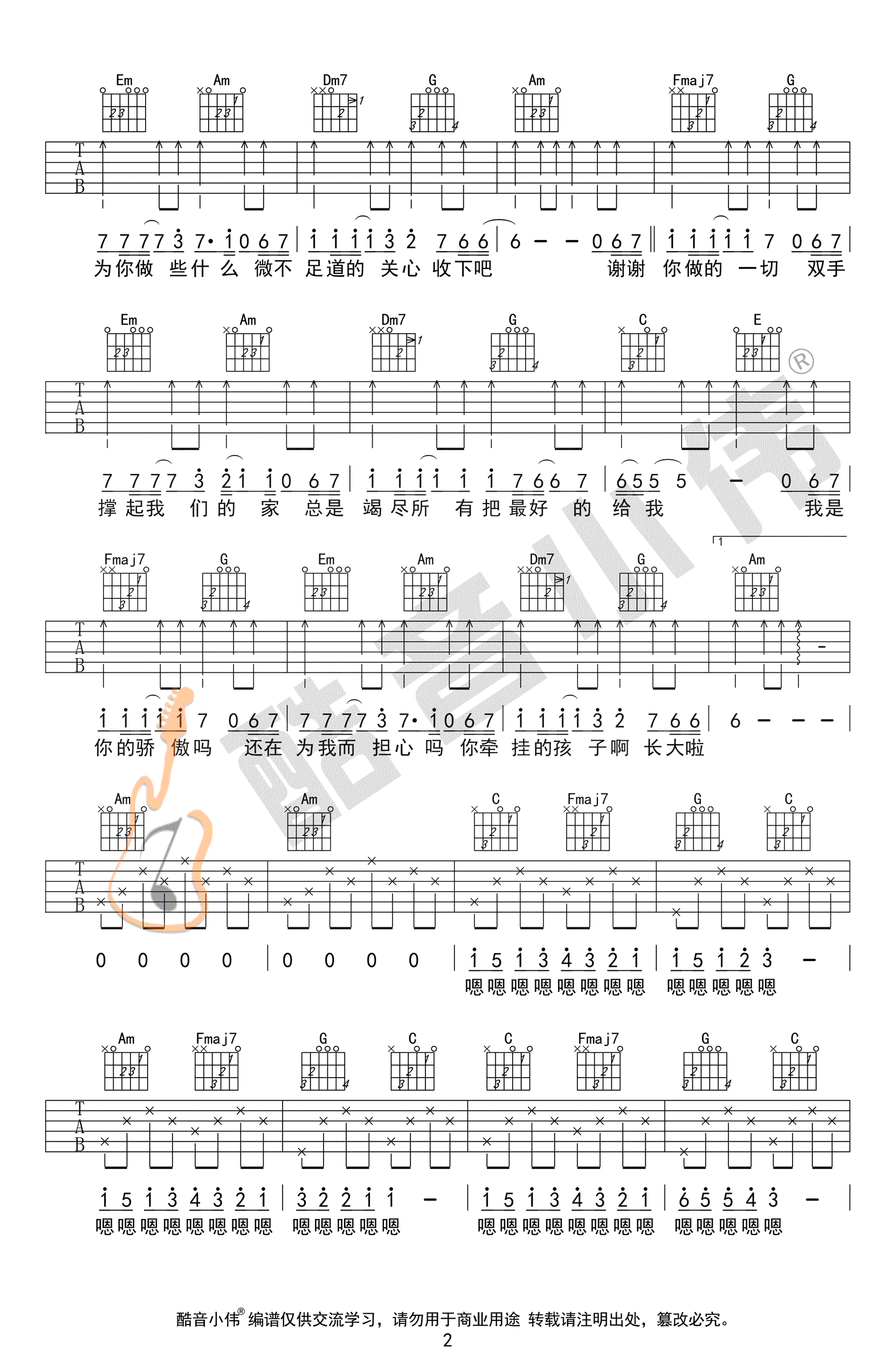 筷子兄弟_父亲_C调超简单版弹唱吉他六线谱_高清图片谱