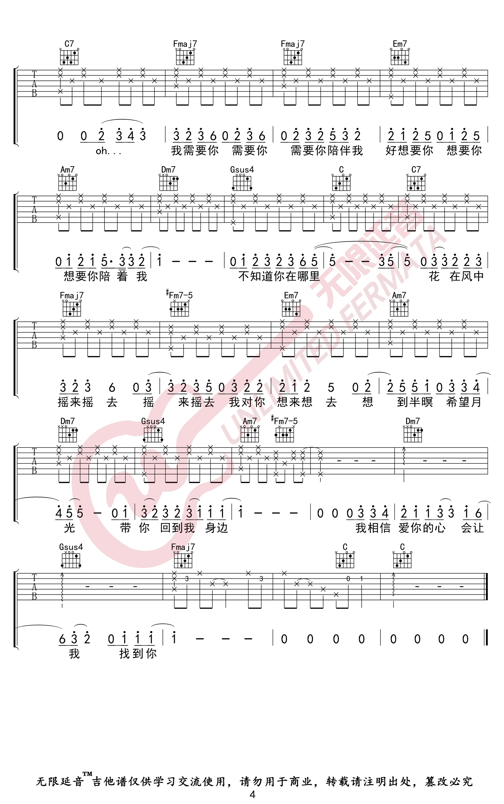 鱼仔吉他谱_卢广仲__鱼仔_C调弹唱六线谱_高清图片谱