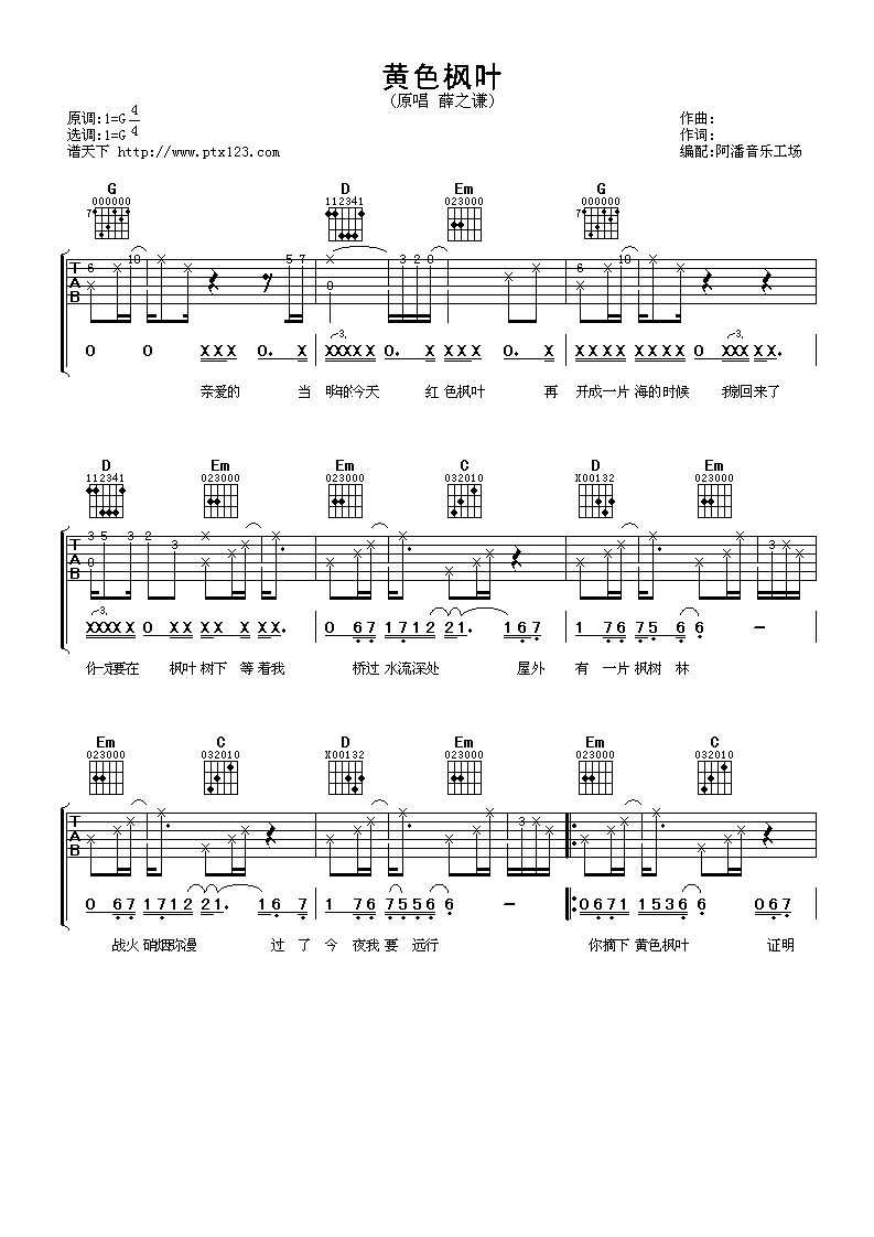 黄色枫叶吉他谱_G调_阿潘音乐工场编配_薛之谦