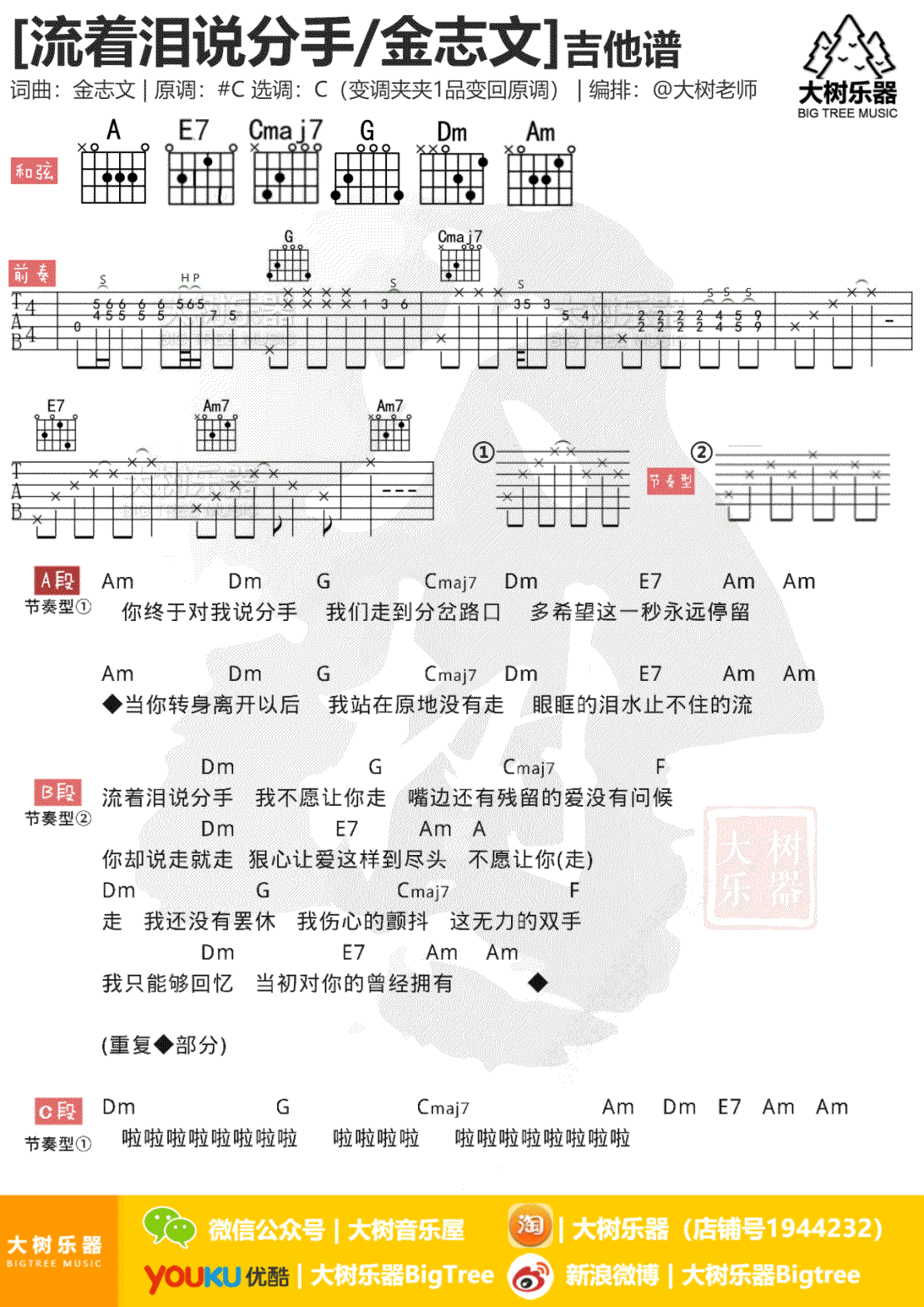 流着泪说分手吉他谱_金志文_C调弹唱谱_图片谱