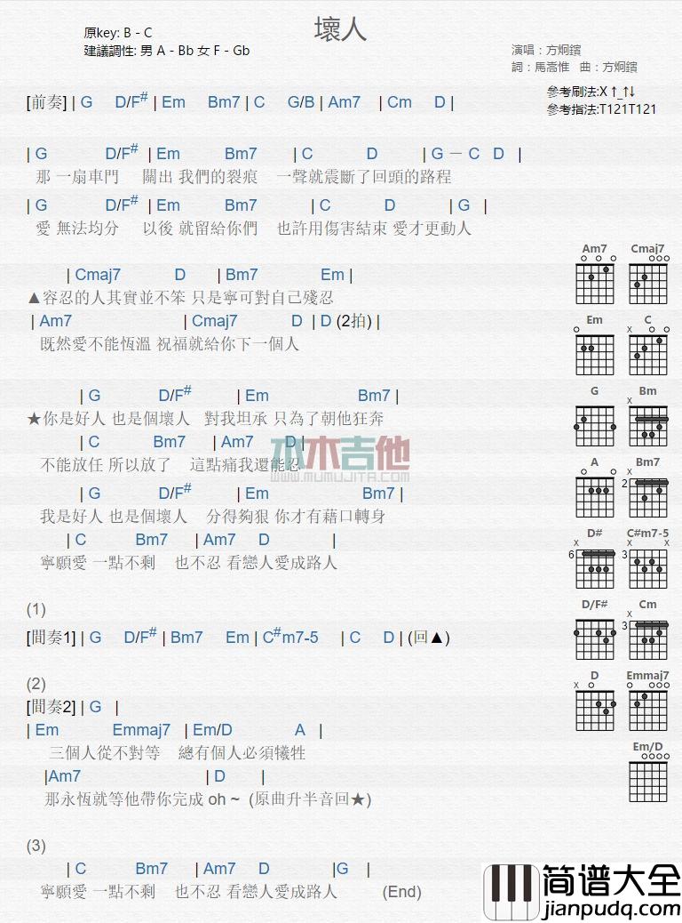 坏人_吉他谱_方炯镔