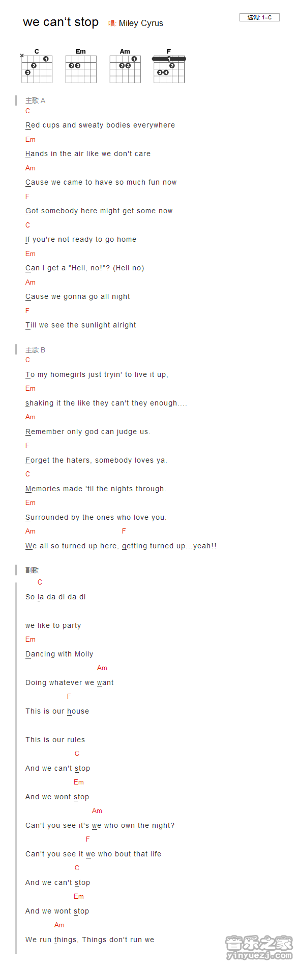 we_can't_stop吉他谱_C调和弦谱_Miley_Cyrus