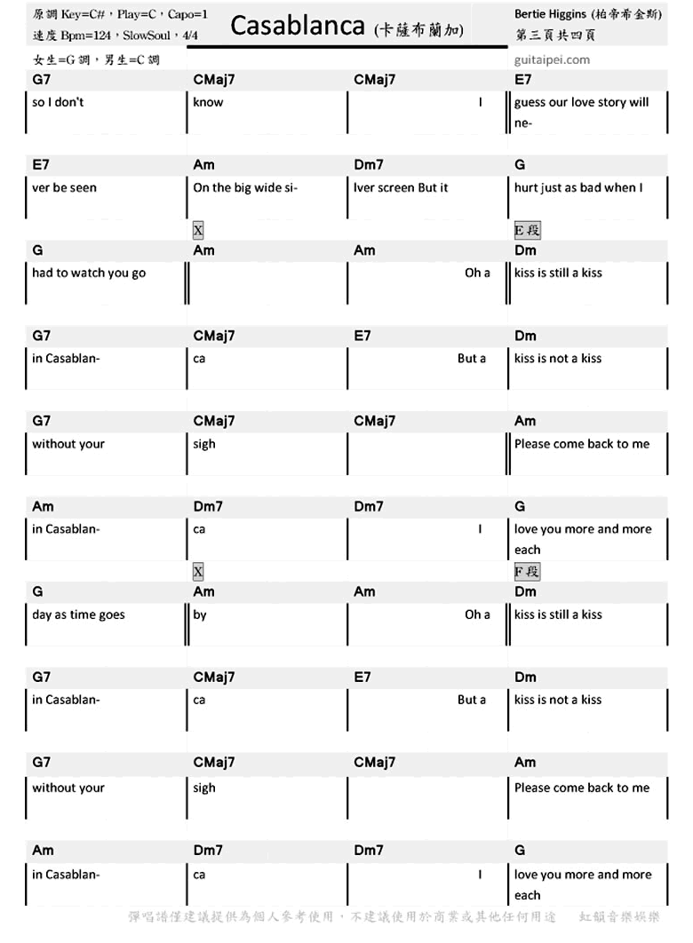 Casablanca吉他谱_卡萨布兰卡吉他谱_前奏间奏完整版