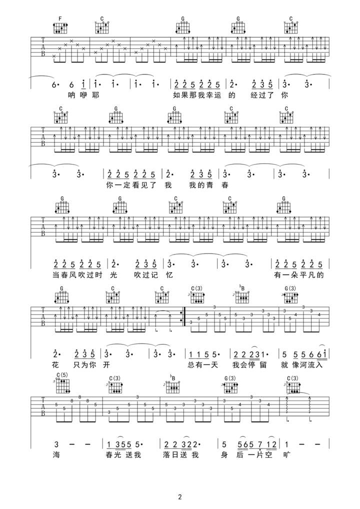 在路上吉他谱_瓦其依合__在路上_C调弹唱六线谱