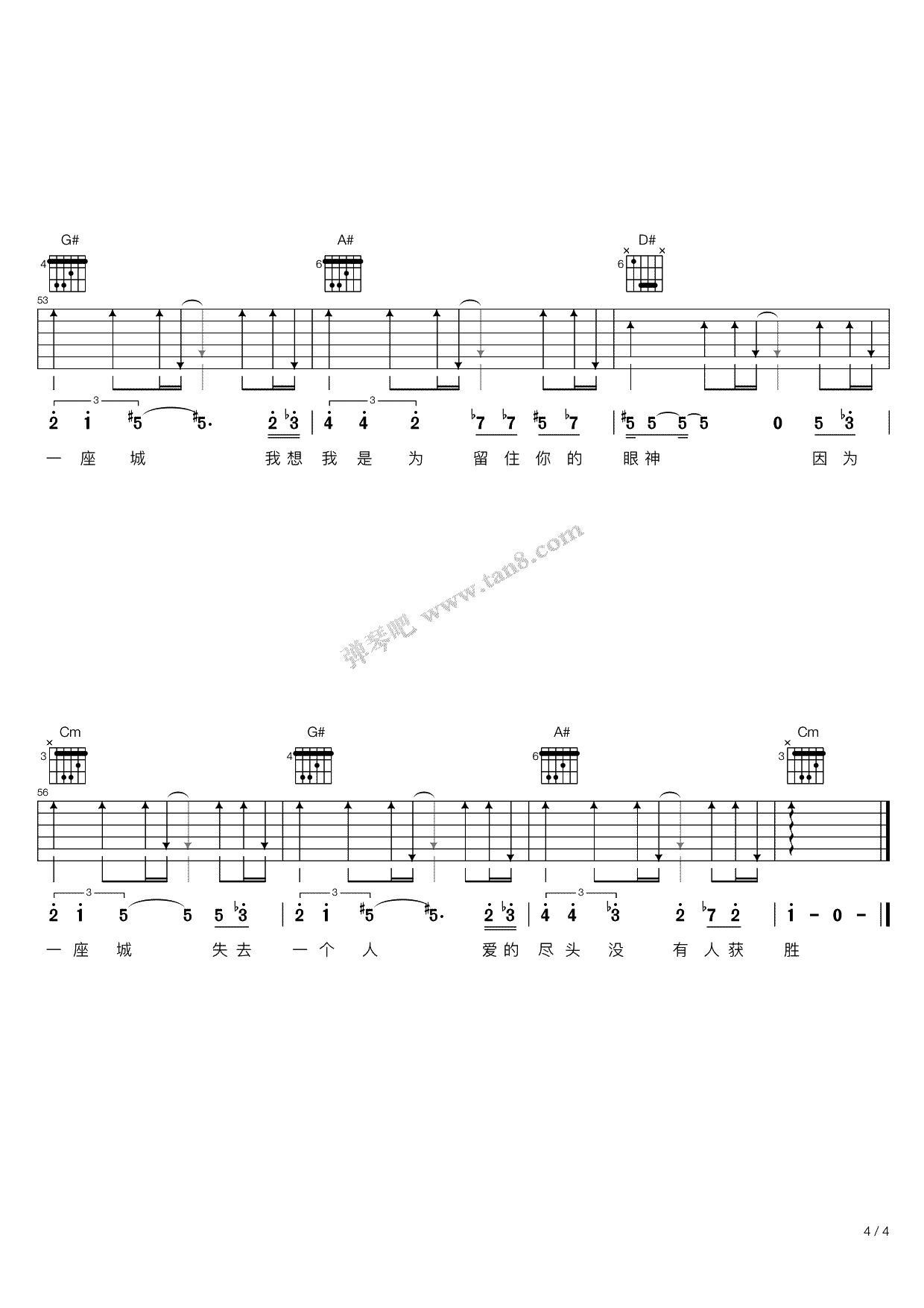 因为一个人吉他谱_张磊_C调弹唱谱_电视剧_楚乔传_插曲