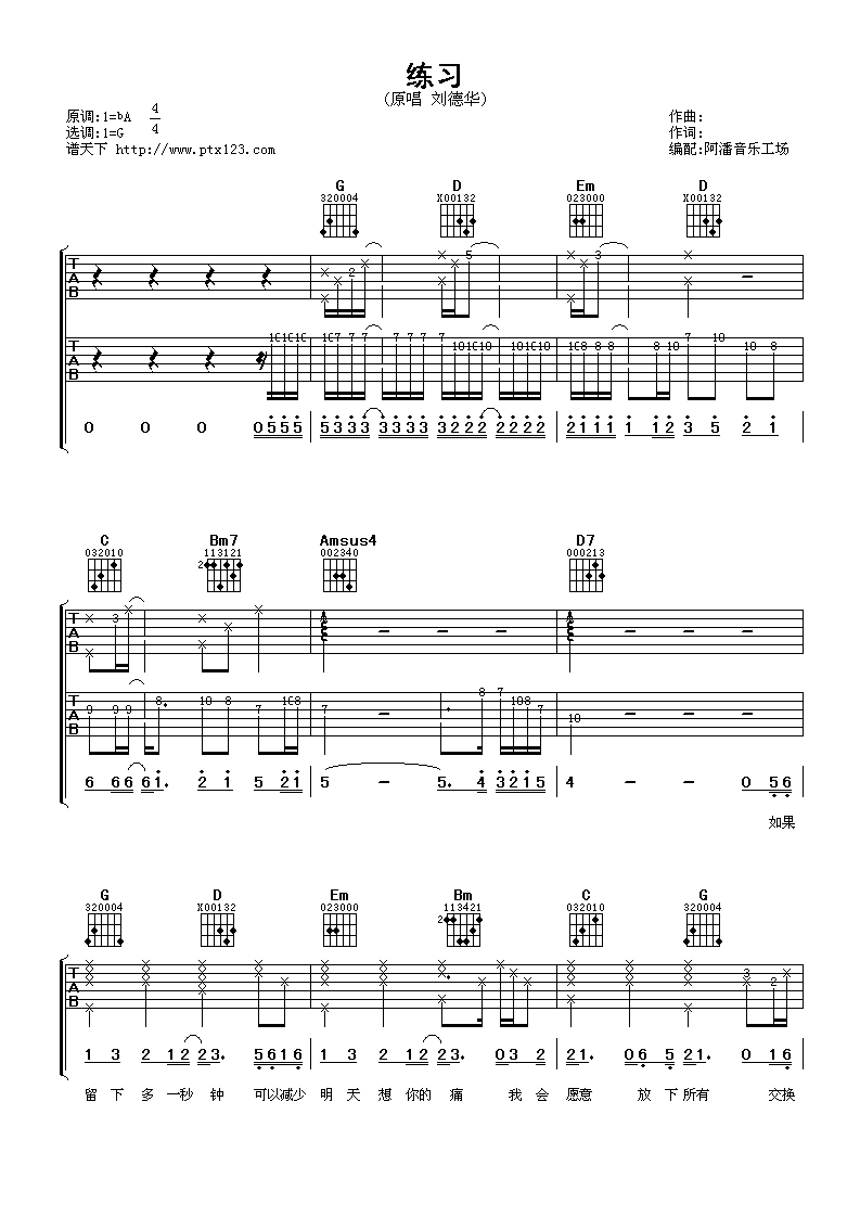 练习吉他谱_G调六线谱_阿潘音乐工场编配_刘德华