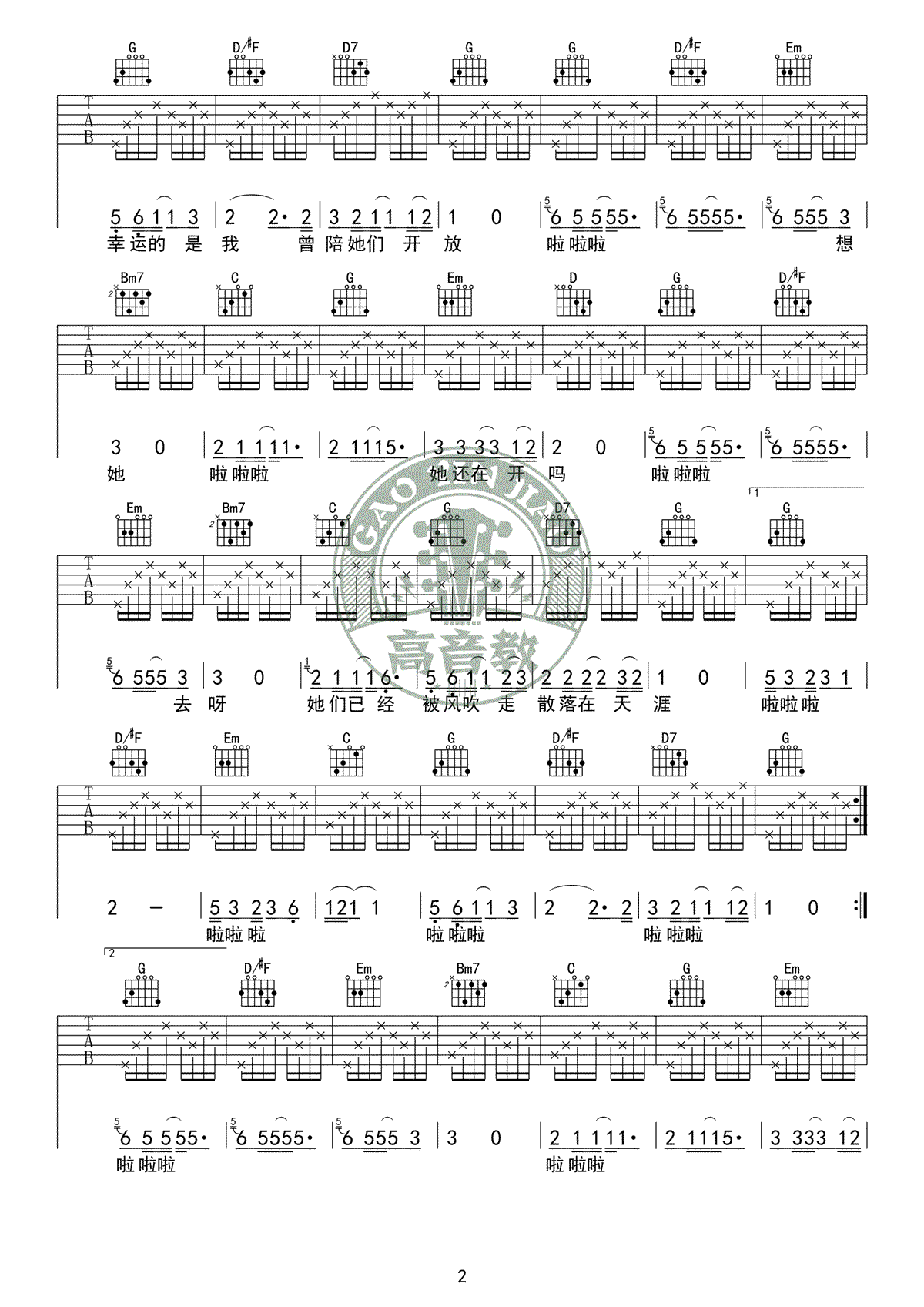 那些花儿吉他谱_朴树_G调标准版_高清图片谱_吉他教学视频