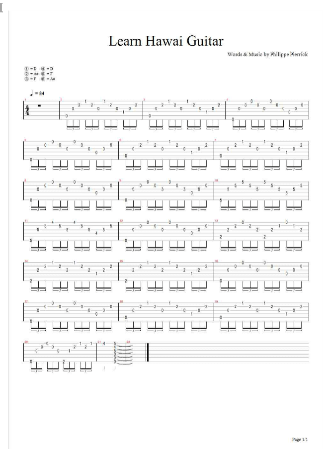 夏威夷吉他指弹谱_D调原版_六线谱_马念先