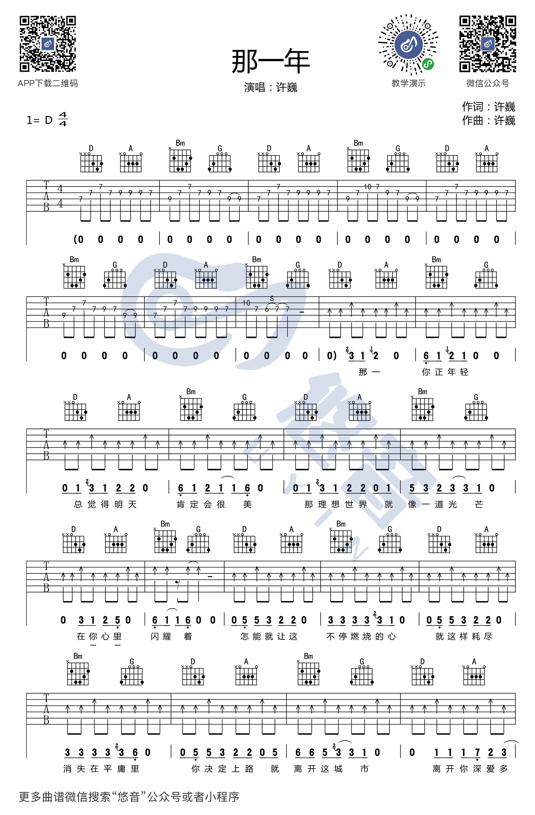 那一年吉他谱_许巍_D调六线谱_弹唱演示视频