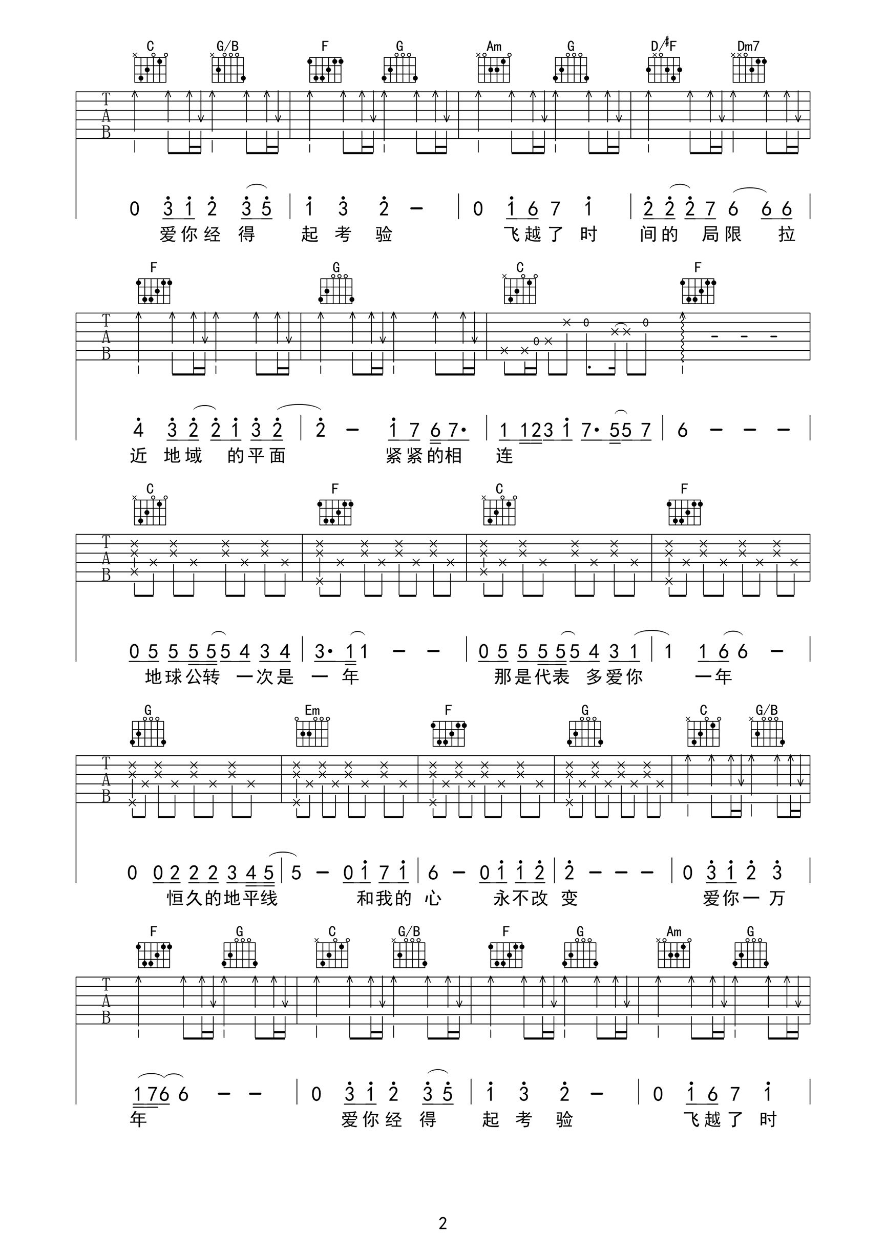 爱你一万年吉他谱_刘德华_C调弹唱谱_高清六线谱