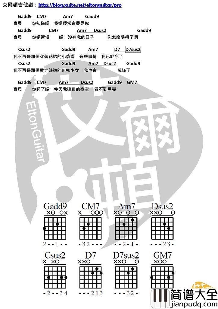 宝贝_我不再是穿著花裙的小傻X_吉他谱_莫倪moni