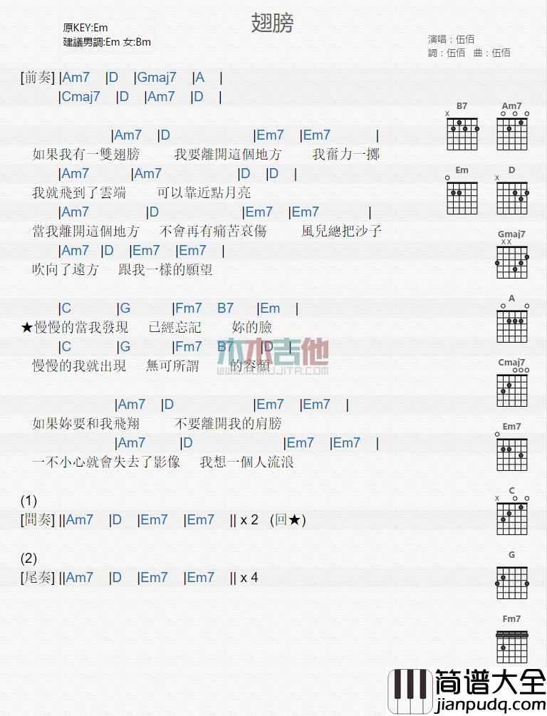 翅膀_吉他谱_伍佰