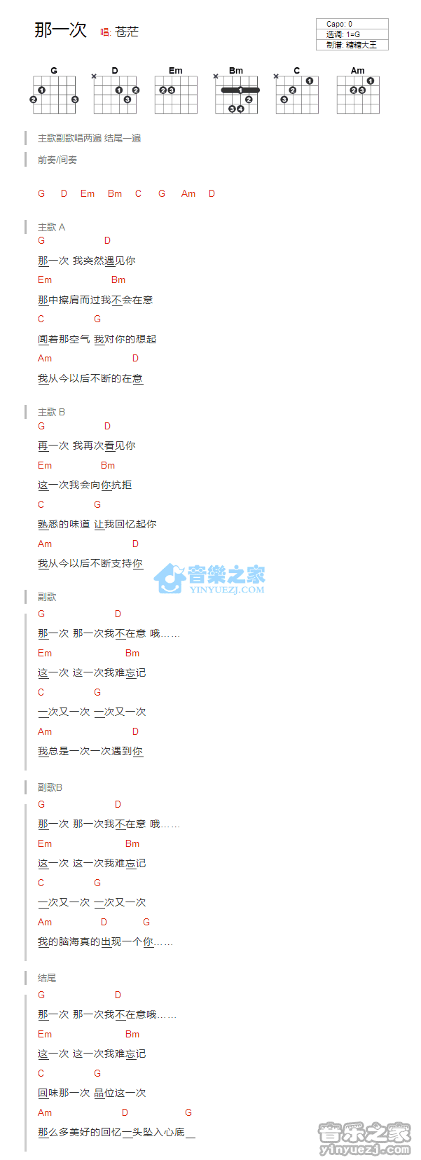 那一次吉他谱_G调和弦谱_苍茫