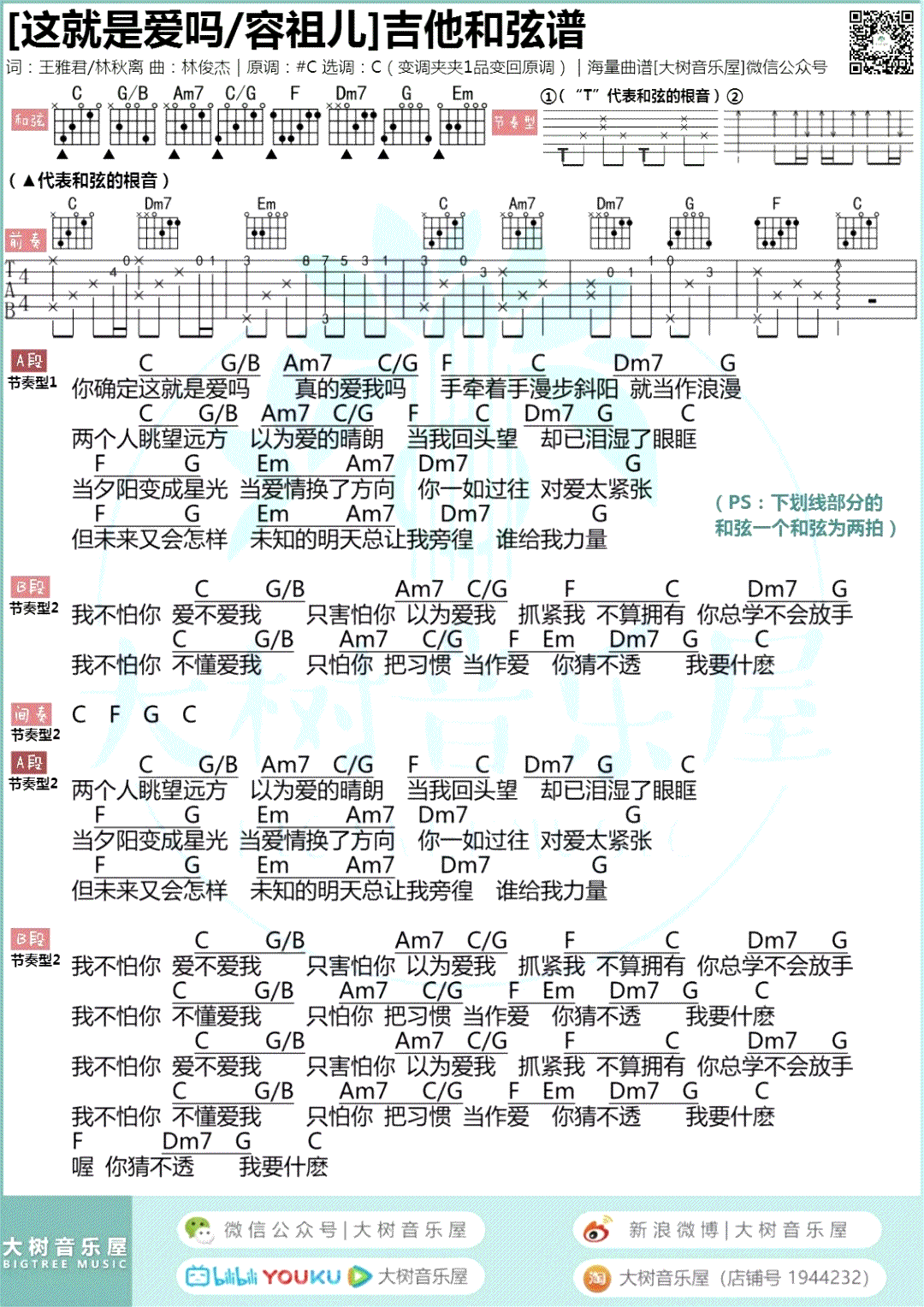 这就是爱吗吉他谱_容祖儿/林俊杰_C调弹唱谱