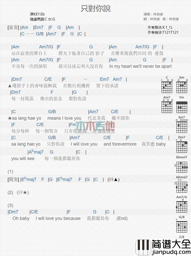 只对你说_吉他谱_林俊杰