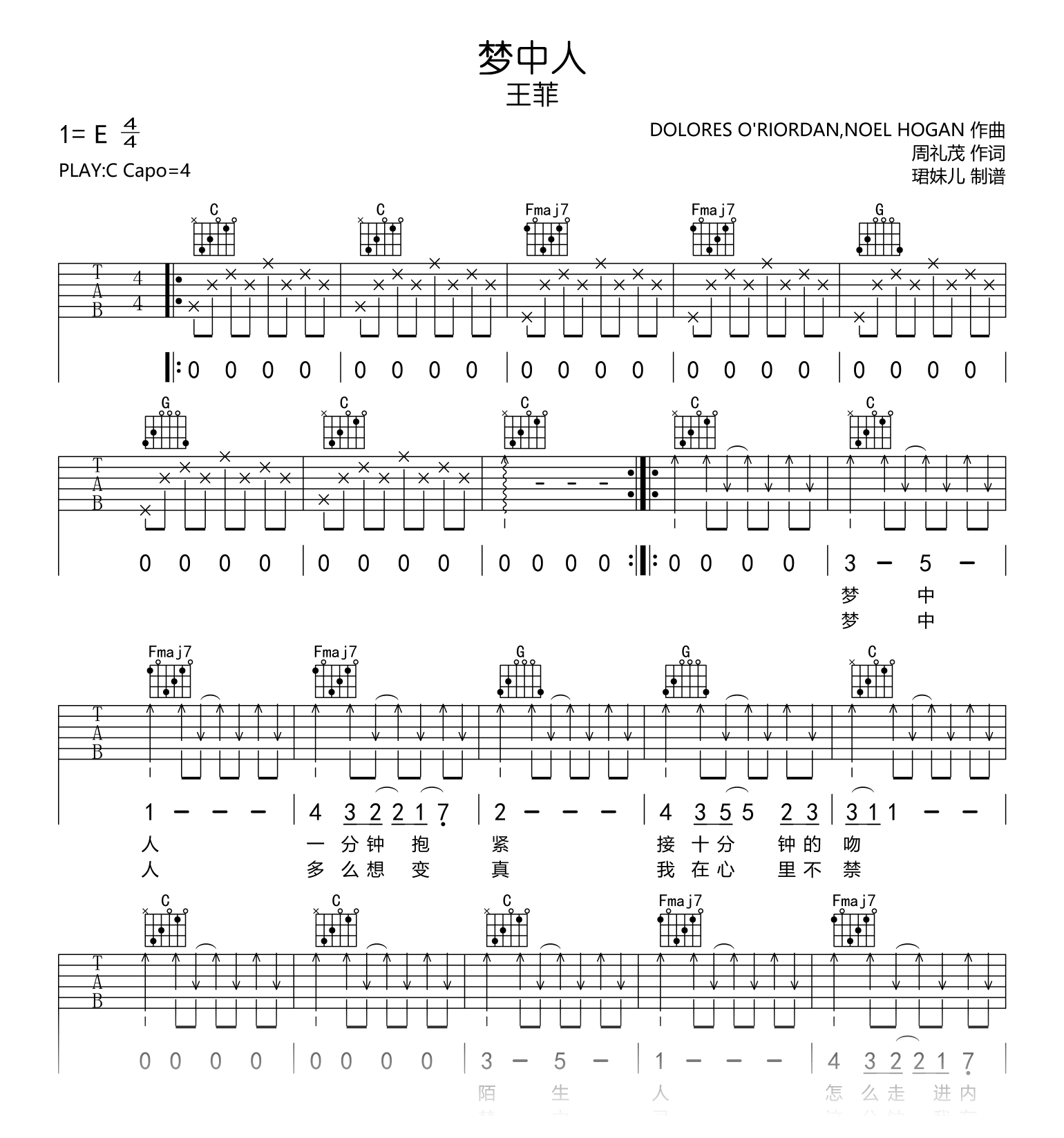 梦中人吉他谱_C调_王菲_高清弹唱六线谱