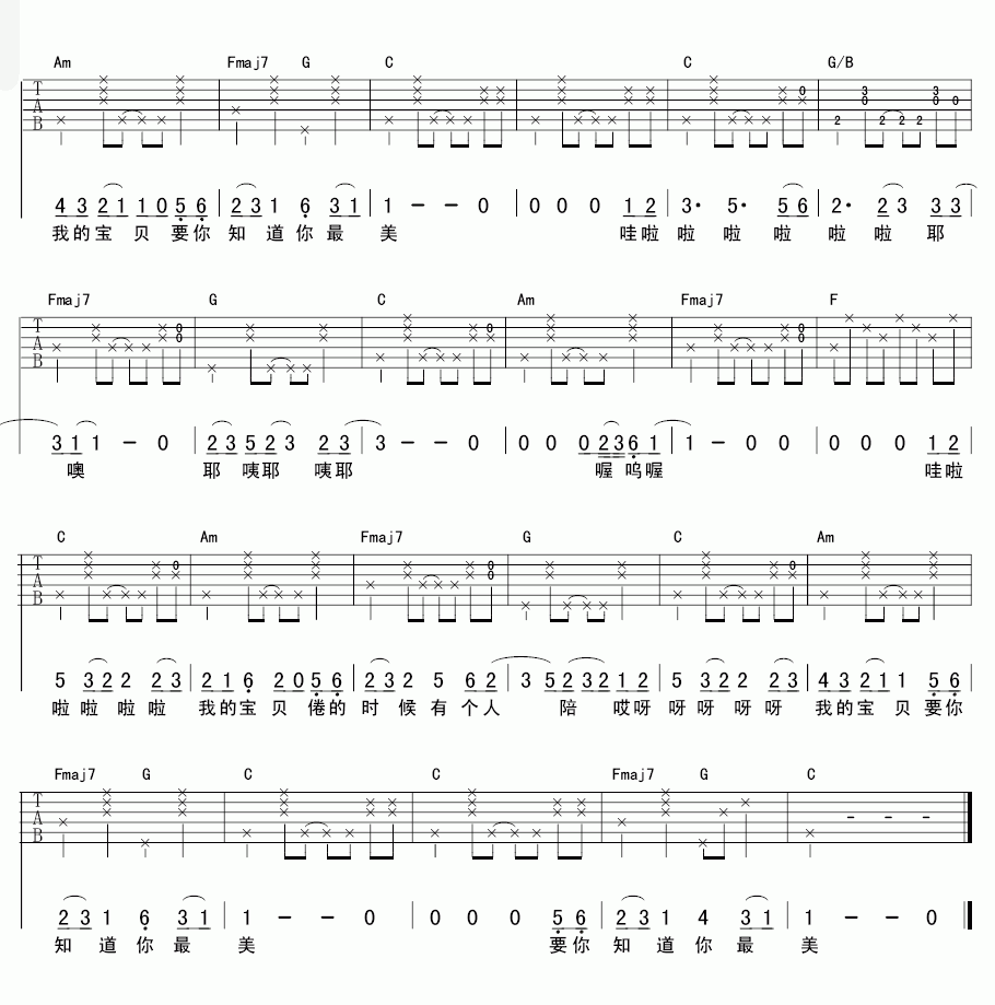张悬_宝贝吉他谱_C调_简单版