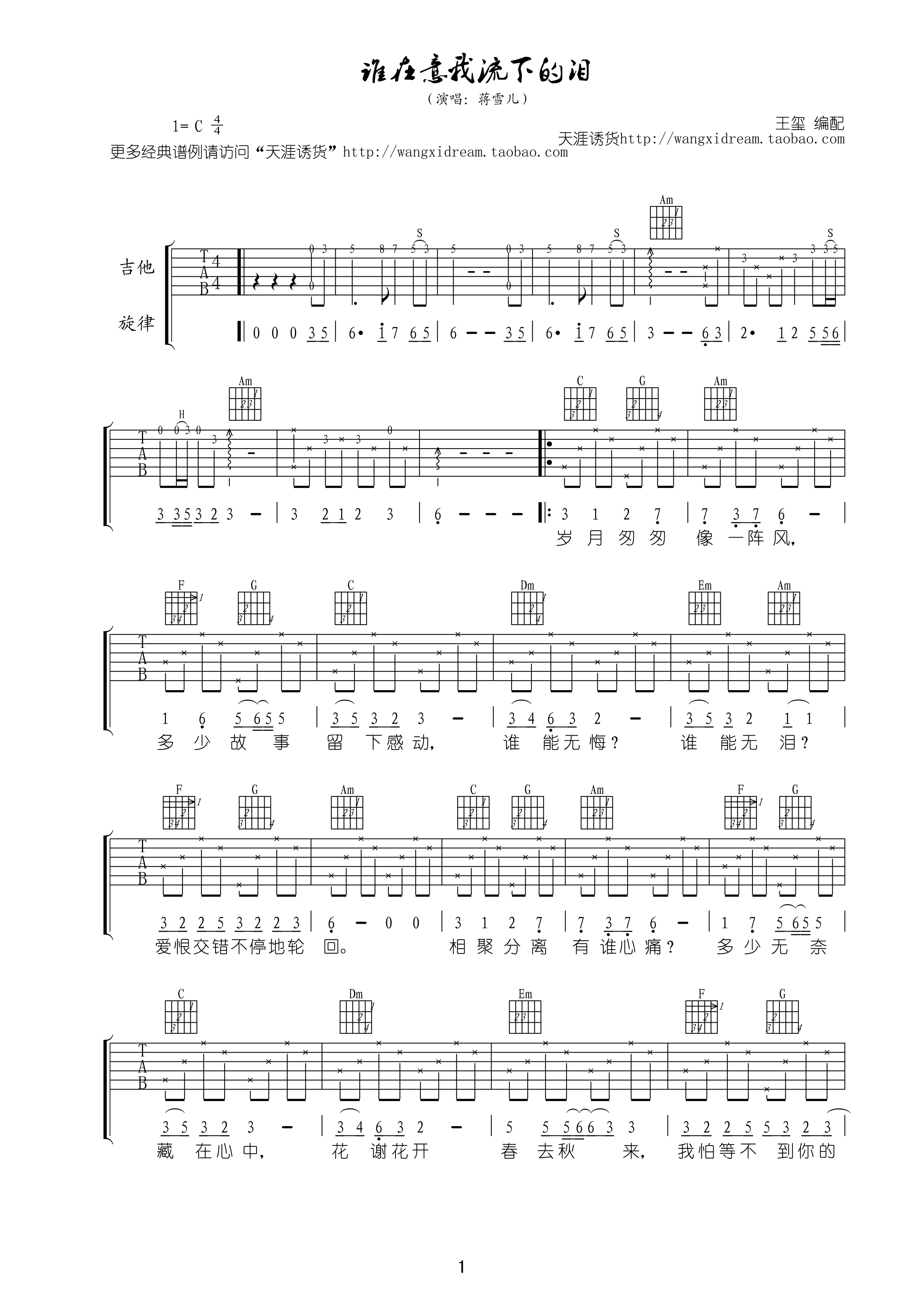谁在意我流下的泪吉他谱_C调附前奏_王玺编配_蒋雪儿