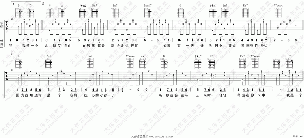 风筝_D调吉他谱_陈升