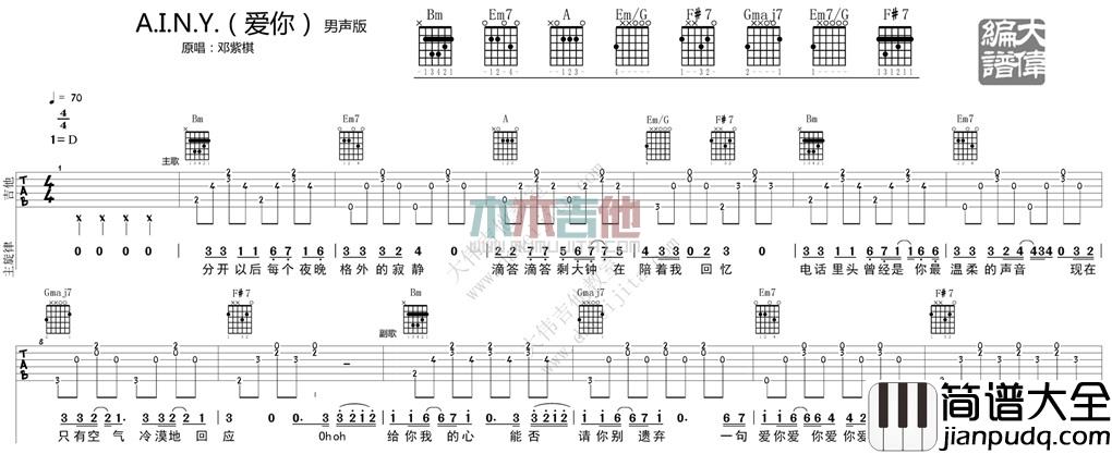 A.I.N.Y.爱你(吉他谱)_D调原版六线谱_大伟吉他_邓紫棋