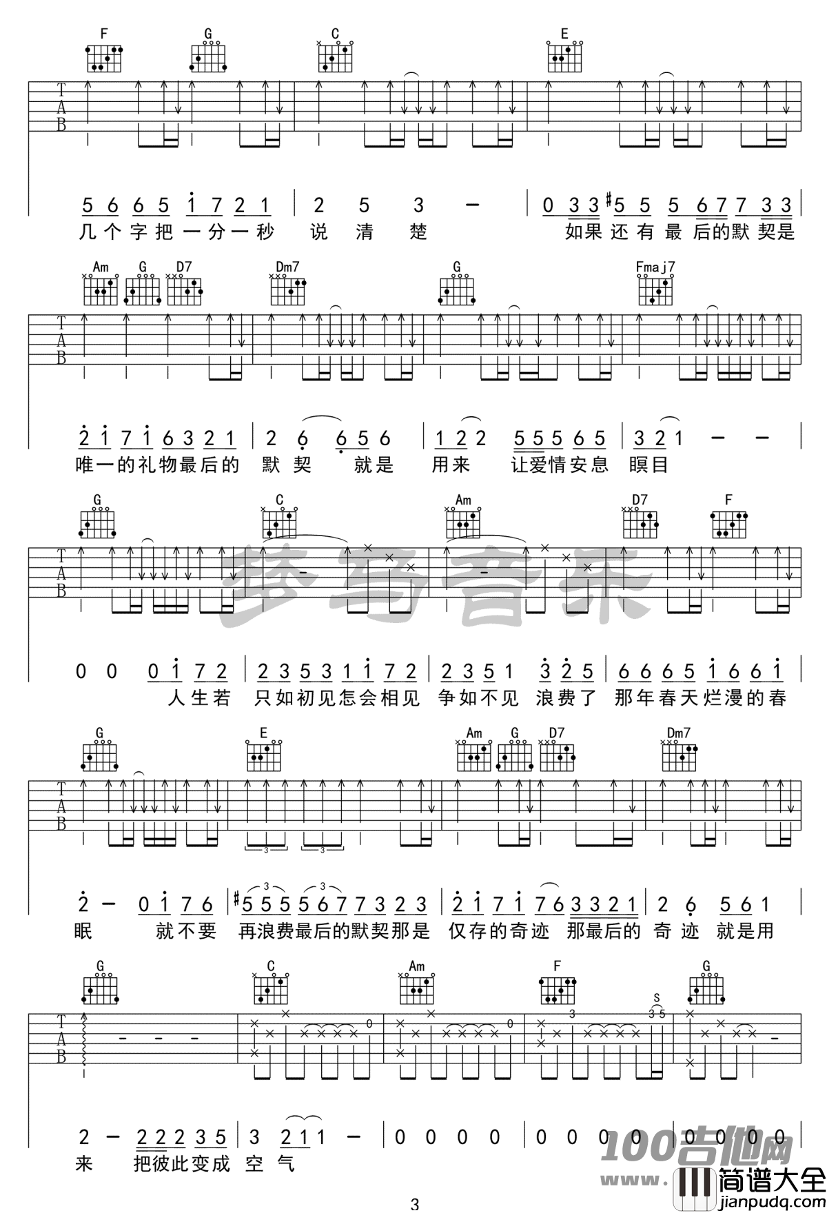 啊默契吉他谱_刘宇宁_C调吉他伴奏弹唱六线谱