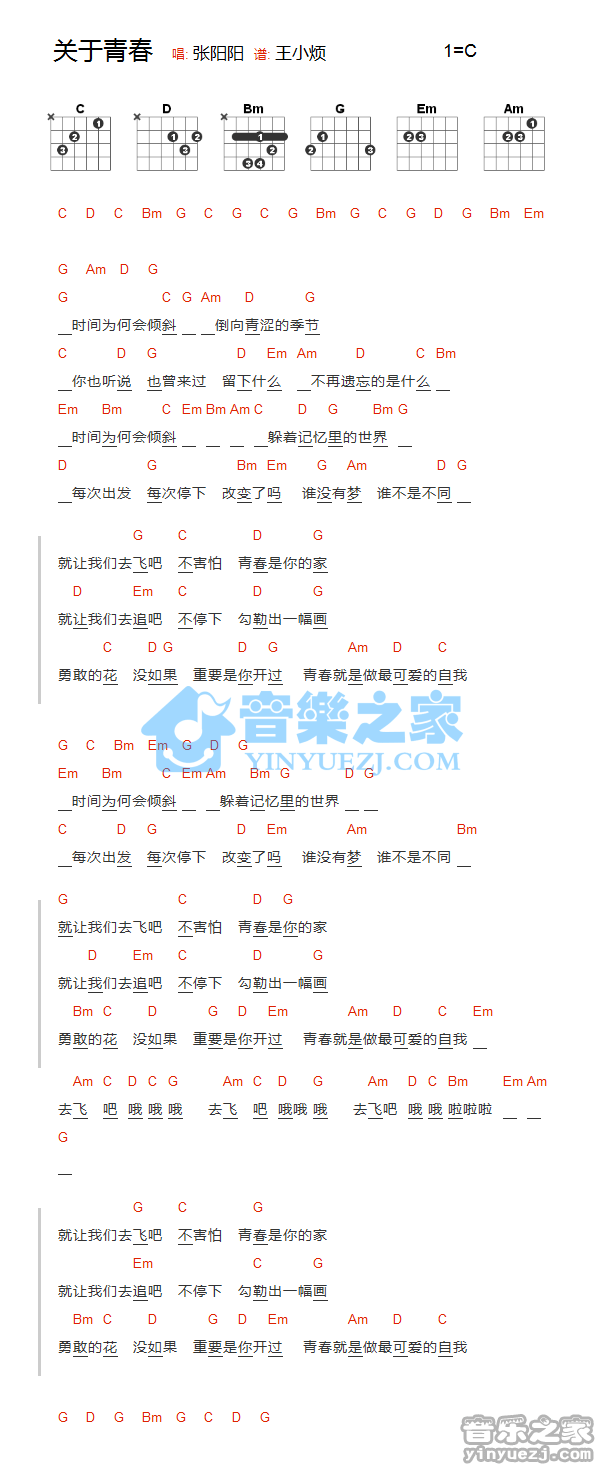 关于青春吉他谱_C调和弦谱_张阳阳