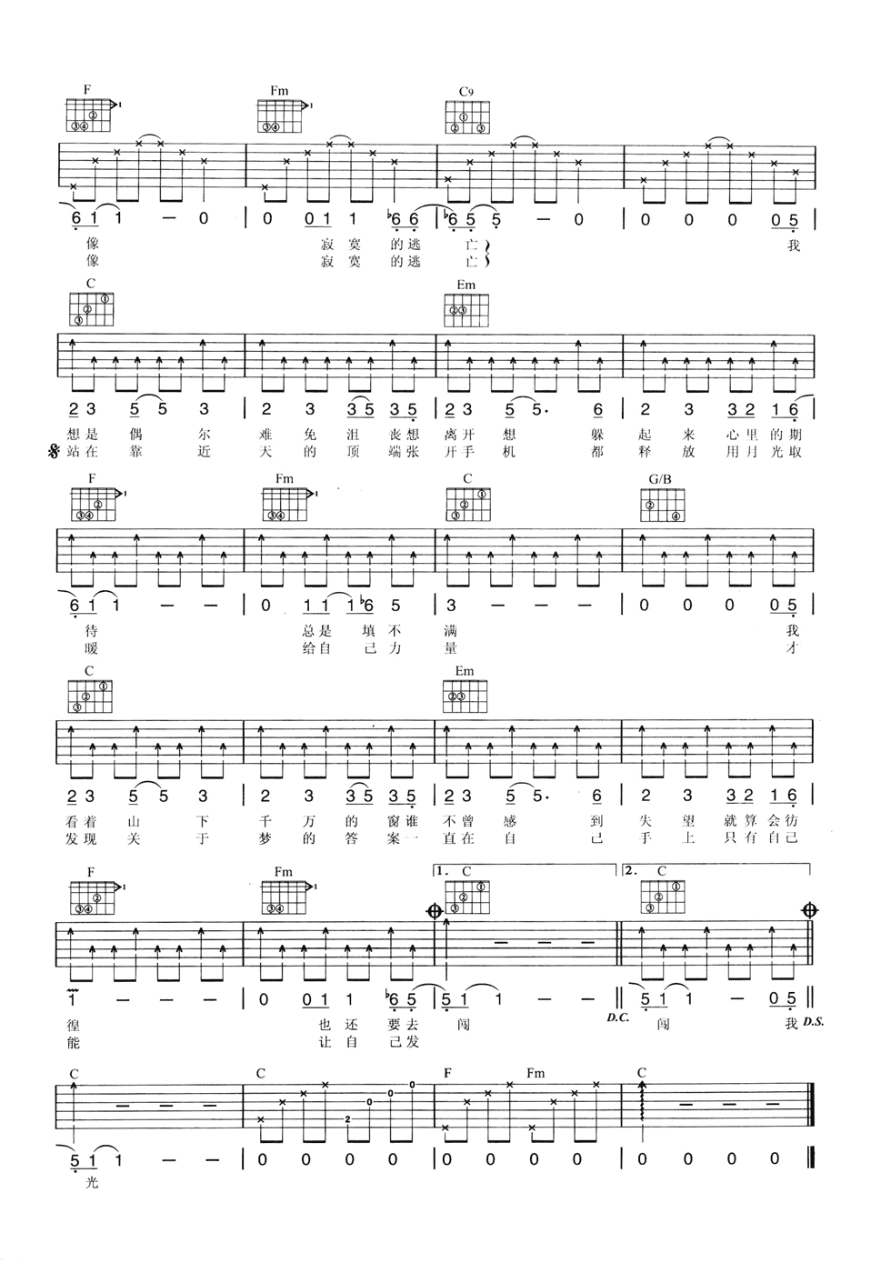 逃亡吉他谱_C调六线谱_简单版_孙燕姿