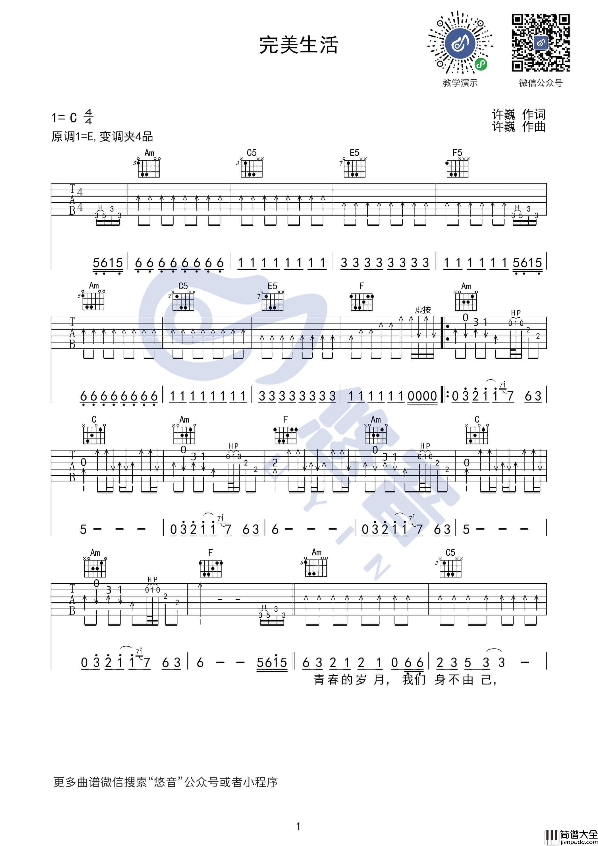 完美生活吉他谱_C调_许巍
