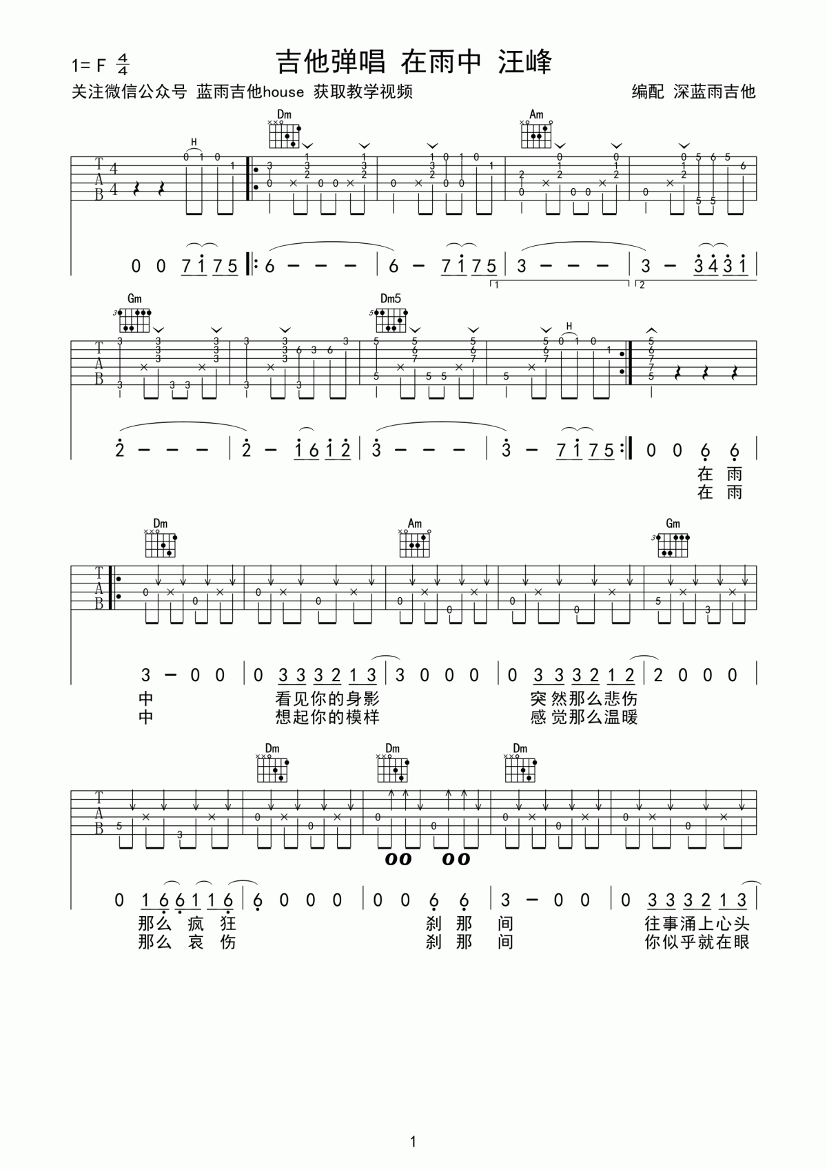 在雨中吉他谱_深蓝雨吉他弹唱版__汪峰