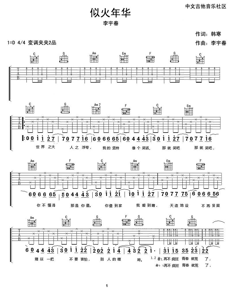 似火年华吉他谱_D调扫弦版_17吉他编配_李宇春