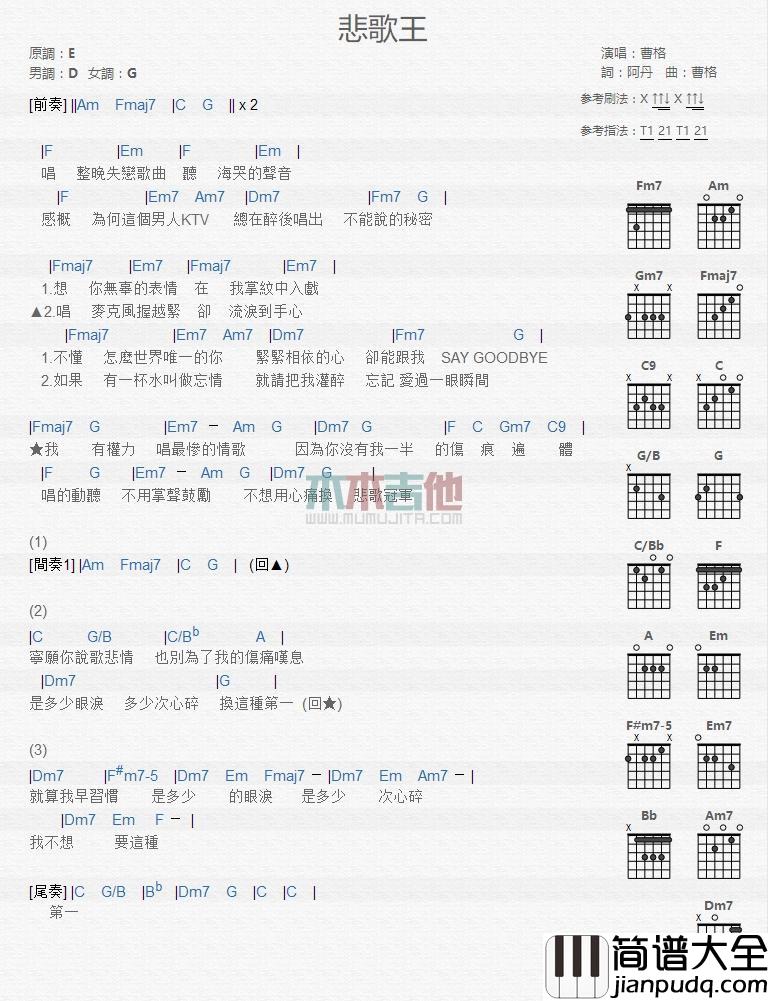 悲歌王_吉他谱_曹格