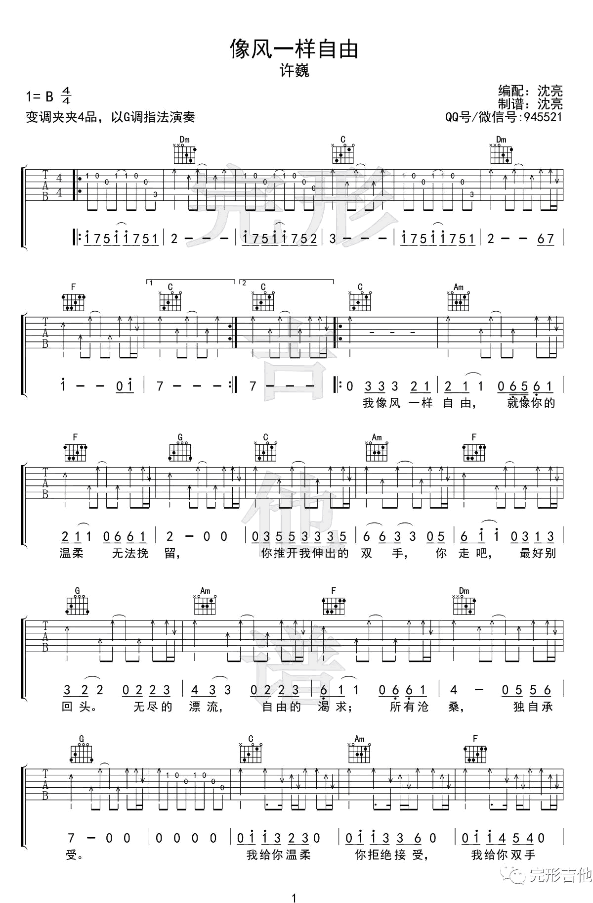像风一样自由吉他谱_G调_许巍_沈亮版